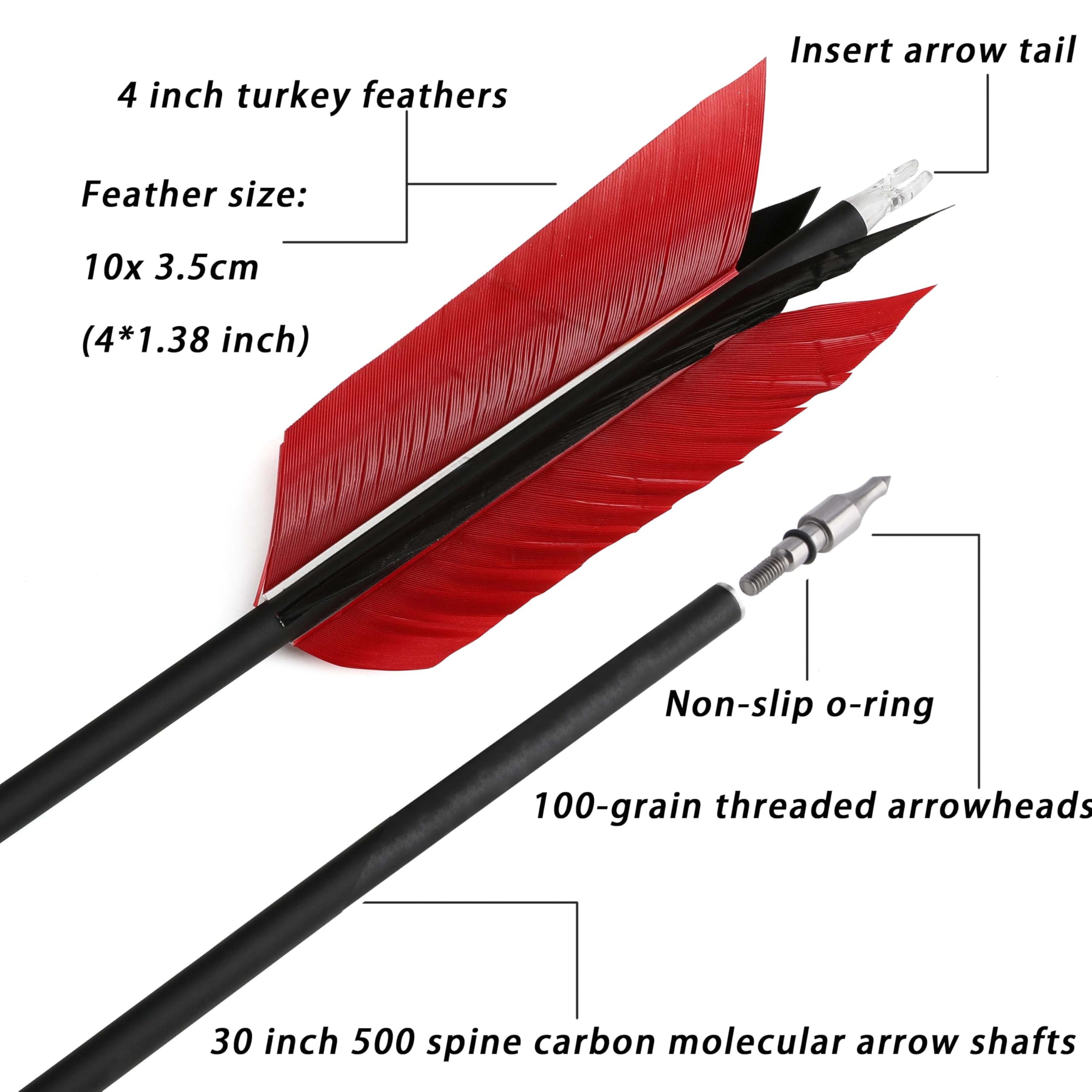Bogenschießen 30 Zoll Carbonpfeil Flu-Flu Pfeil mit 4pcs Truthahnfedern Befiederung 500 Spine Jagd Zielpfeil für Compound Bogen Recurve Bogen 6/12pcs