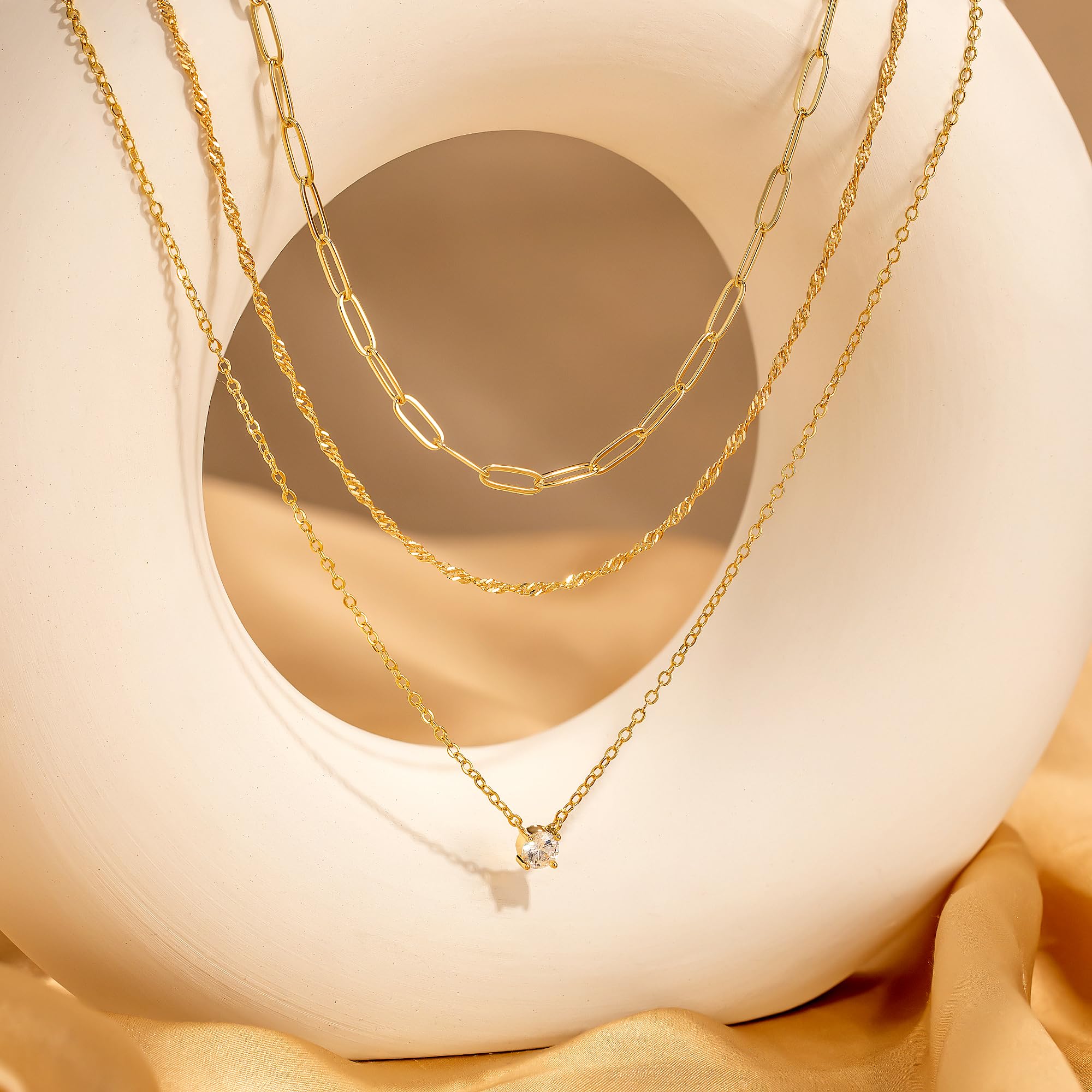 Collares escalonados chapados en oro de 14 quilates para mujer, delicado collar de cadena chapada en oro y plata, collar con colgante de circonita cúbica, gargantilla ajustable en capas, regalo 9