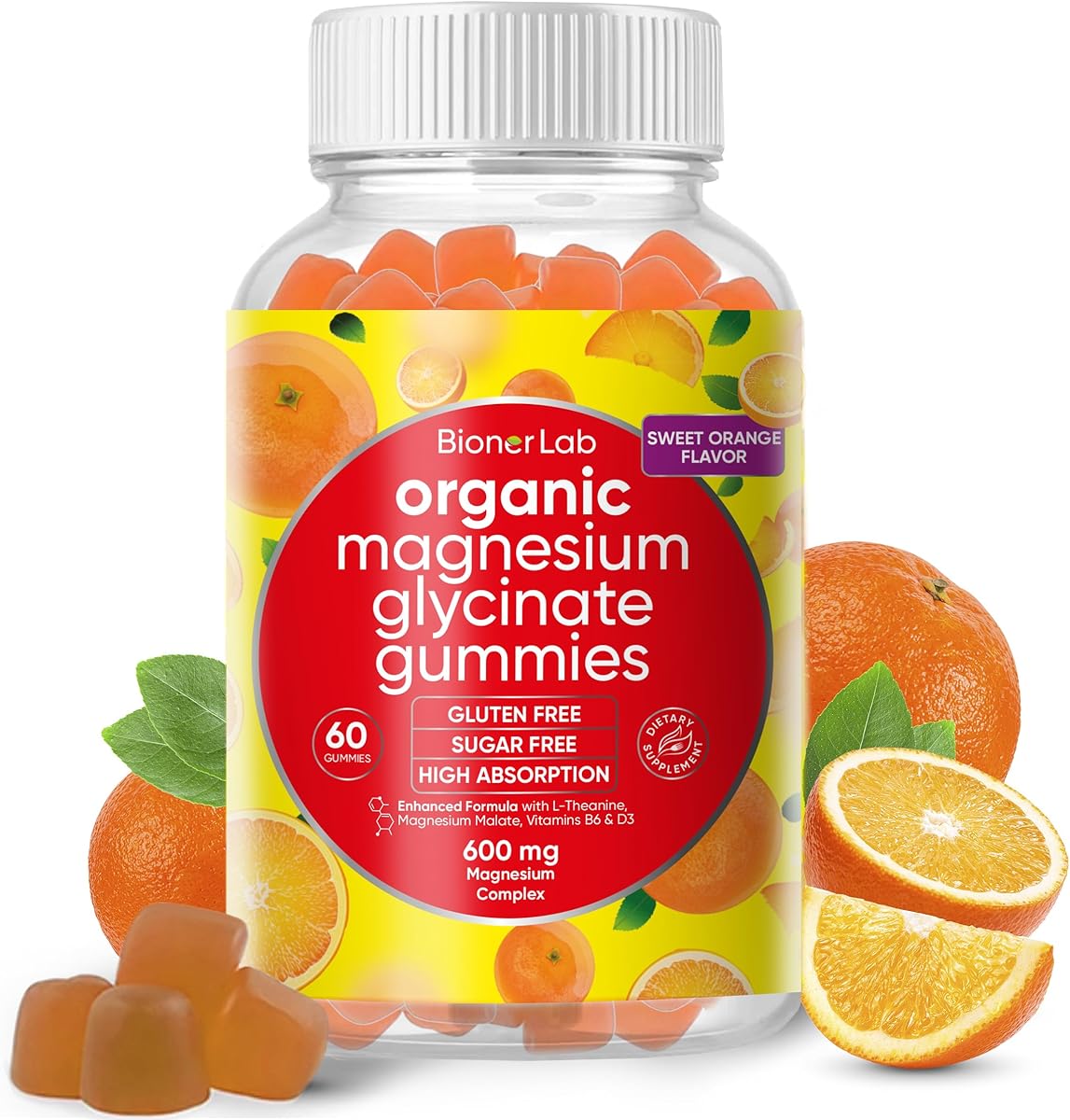 Magnesium Glycinate Chewable Gummies (600mg) for Kids & Adults Women Men - Vegan Complex with Calcium Potassium Vitamin D B6 L-Theanine Advanced Magnesium Complex - Sugar & Gluten Free - Orange Flavor
