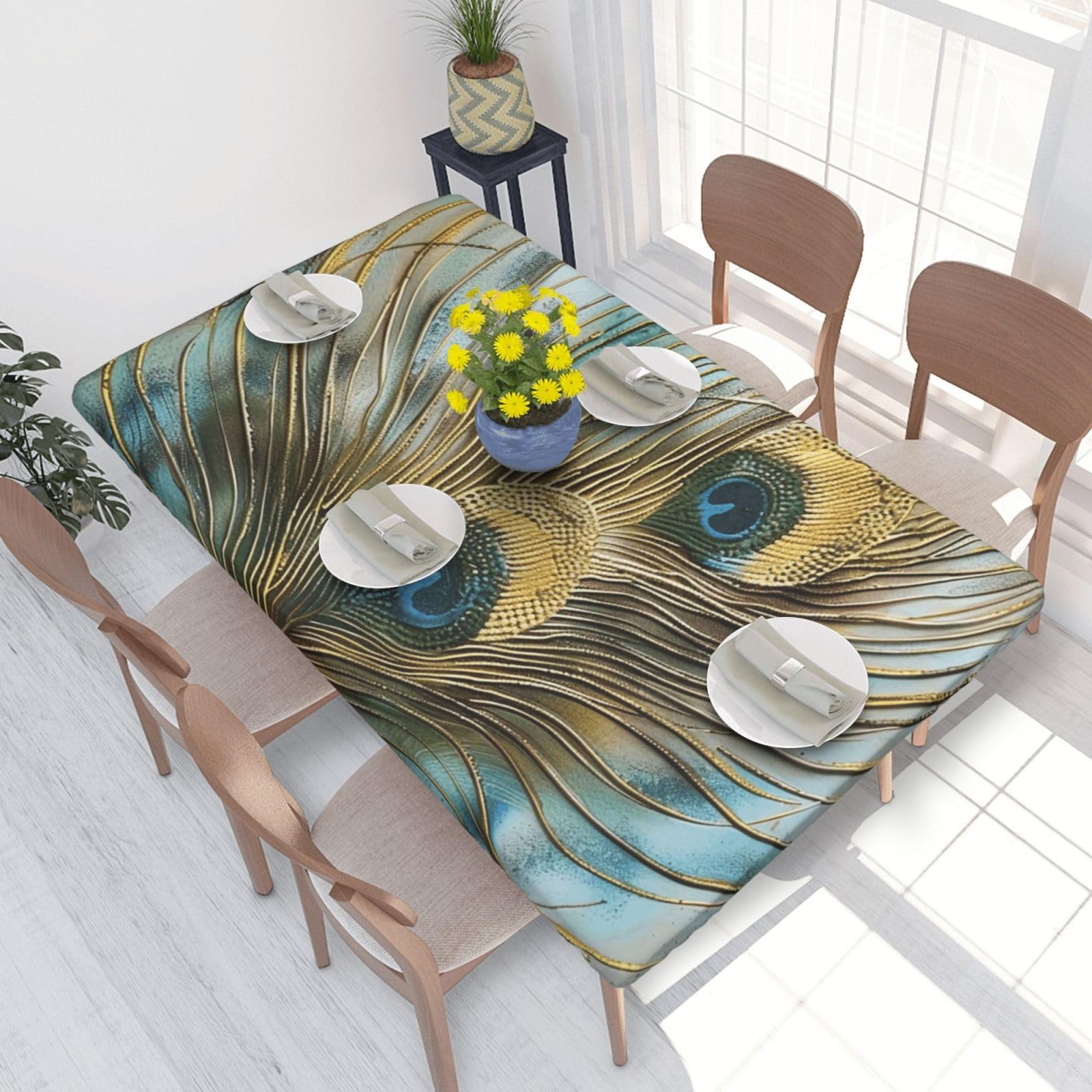 DCARSETCV Peacock Feather Art Printed 4FT Waterproof Tablecloth with Elastic Edged Protect & Decor Your Table, Oil-proof Washable Table Cloth Cover for Dinner Picnic Party