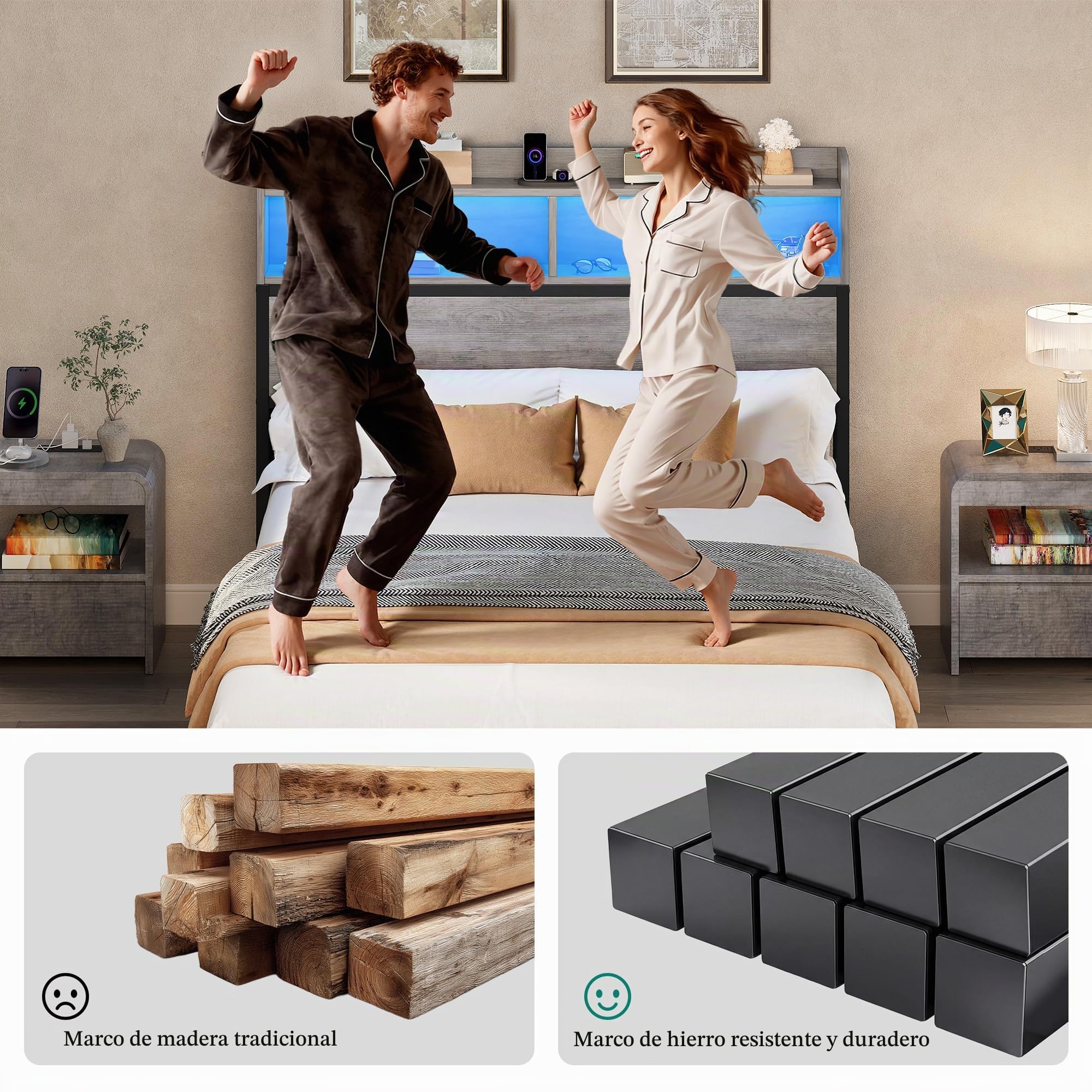 YITAHOME Estructura de Cama LED con cabecero, Puertos USB y Salidas de Carga, Plataforma de Metal, Marco de Cama con 2 estantes, no Requiere colchón, Gris, 200 x 140 cm