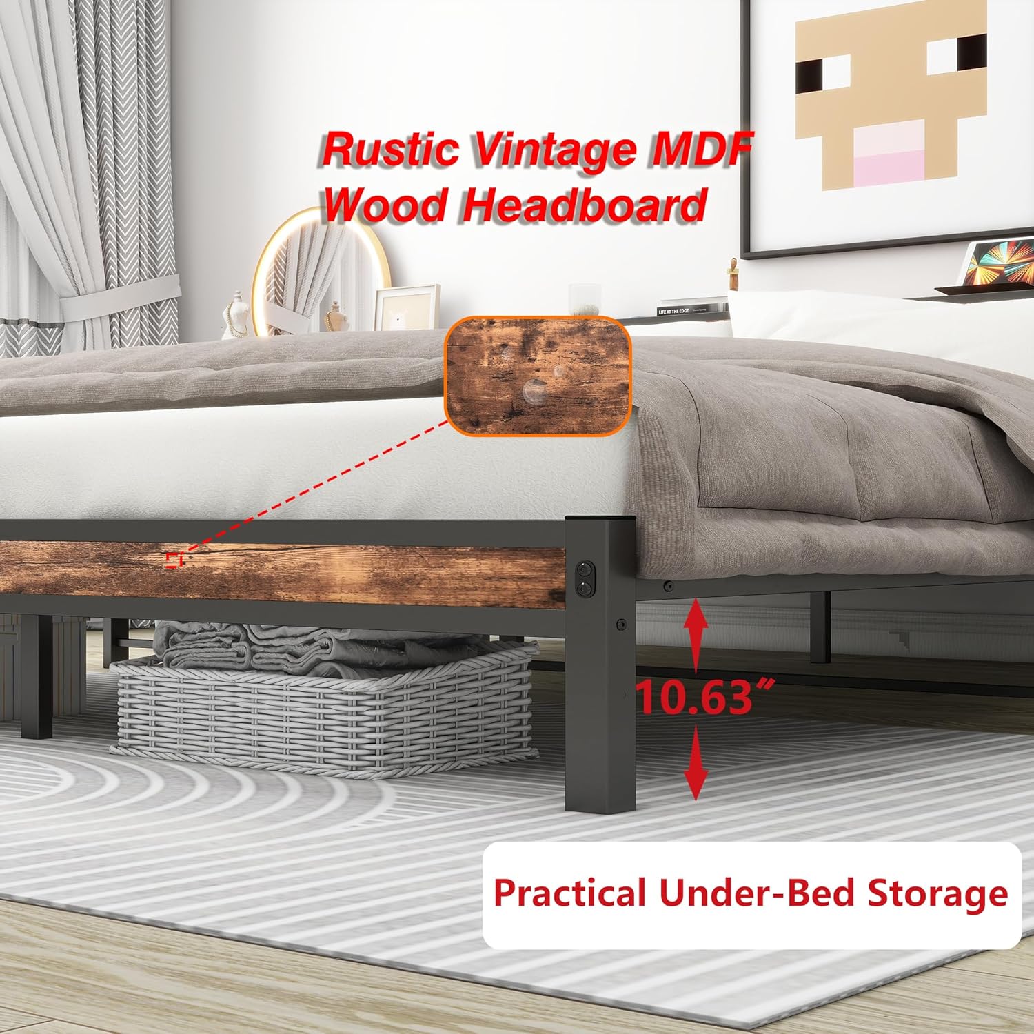 Diolong Full Bed Frame with Wood Storage Headboard,Double Bed Frame,Metal Platform Bed Frame Double Under Bed Storage, Heavy Duty/Mattress Foundation/No Box Spring Needed/Vintage Brown - Image 6