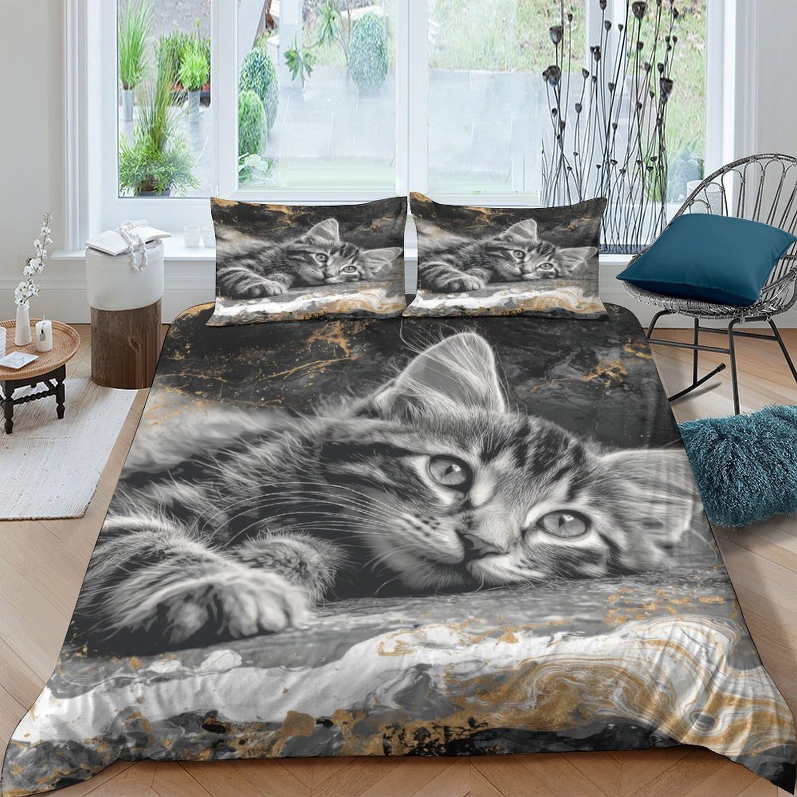 GPLZQXKJNH 3D Printed Grey Tabby Cat Duvet Cover Microfiber Soft Breathable Kitten Bedding Set with 2 Pillowcases for Bedroom Decor Single（135x200cm）