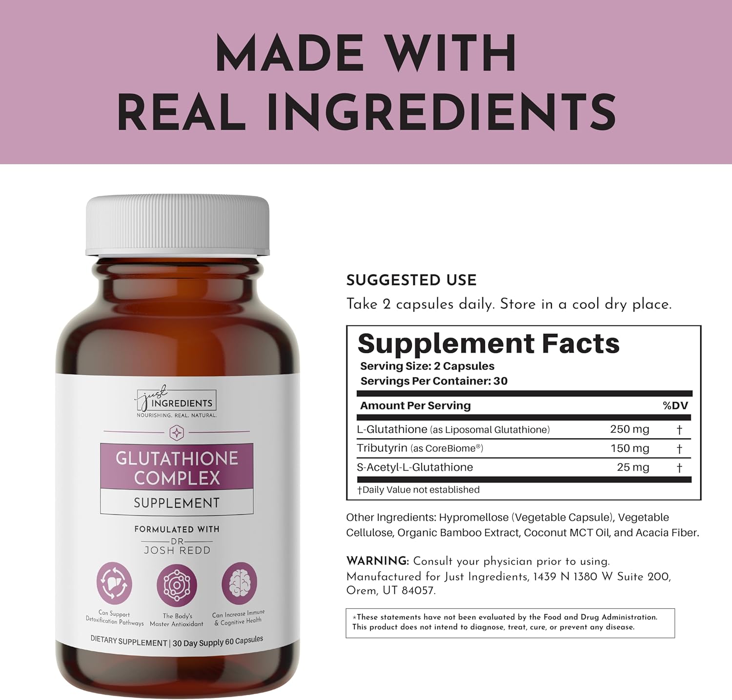JUST INGREDIENTS Glutathione Complex – 60-Capsule Supplement with Liposomal, S-Acetyl-L-Glutathione & CoreBiome® Tributyrin – Supports Antioxidant Defense, Detoxification & Cellular Health* - Image 7