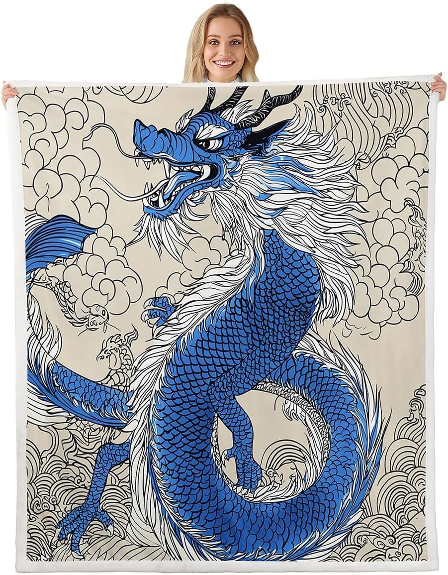 Erosebridal Dragon Throw Blankets for Boys Teens Men,Blue Dragon Sherpa Blanket Throw 50"X60",Vintage Chinese Magical Animal Plush Blanket,Soft Luxury Aesthetics Flannel Blanket for Bed Sofa Couch