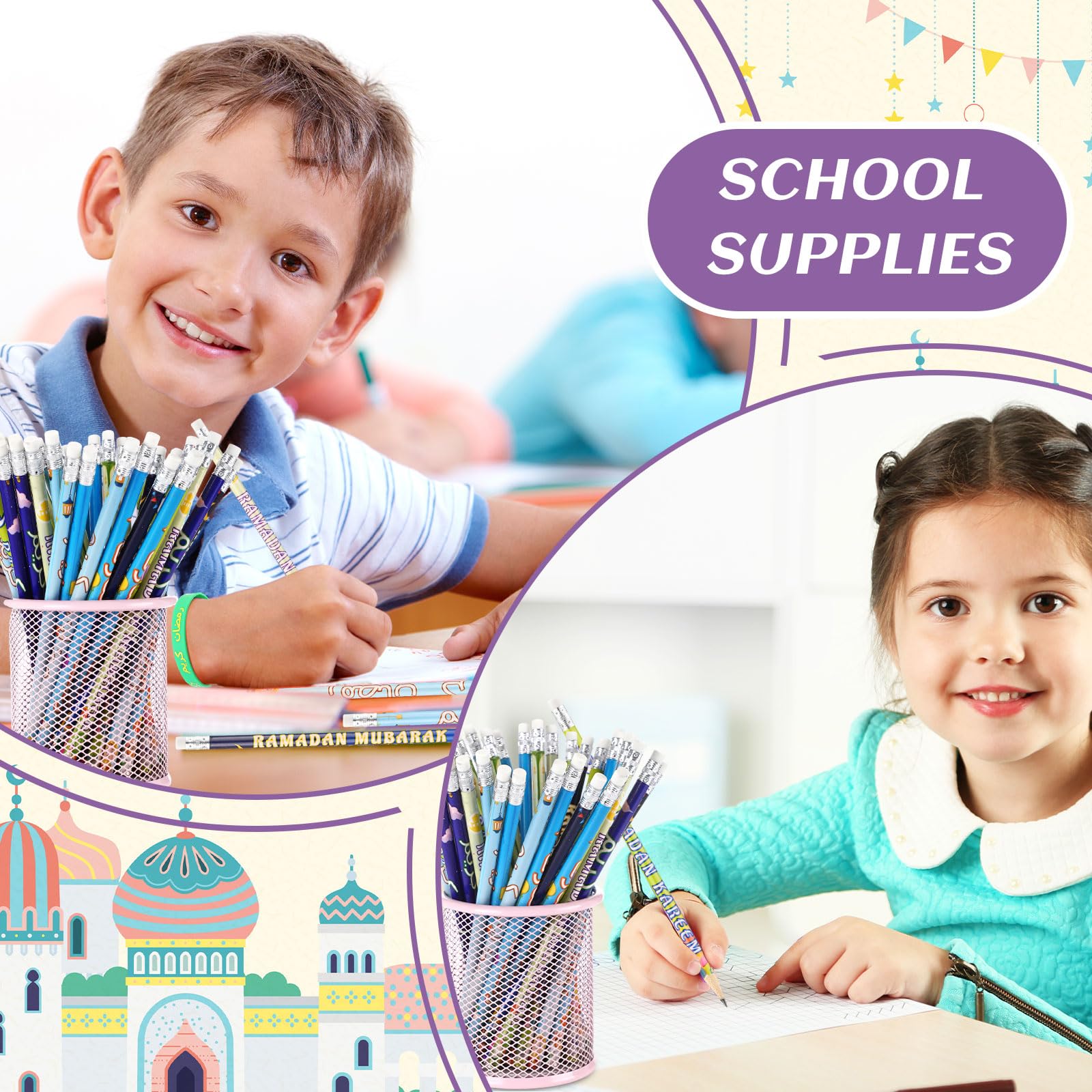 Feifeiya 96 Pcs Ramadan Eid Mubarak Gifts, Eid Pencils Ramadan Wristbands Party Favors Muslim Gifts for Kids Students Classroom Party Supplies