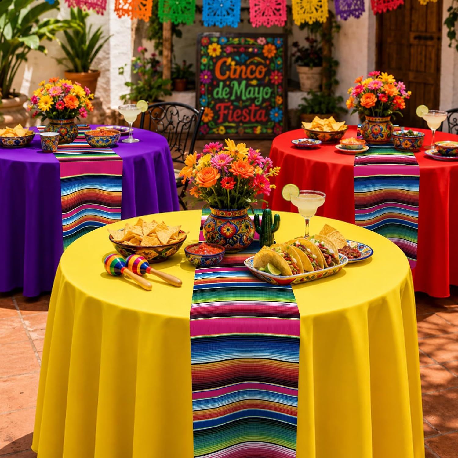 12 Pack Mexican Round Plastic Tablecloth, 84 Inch, Fiesta Party Decorations