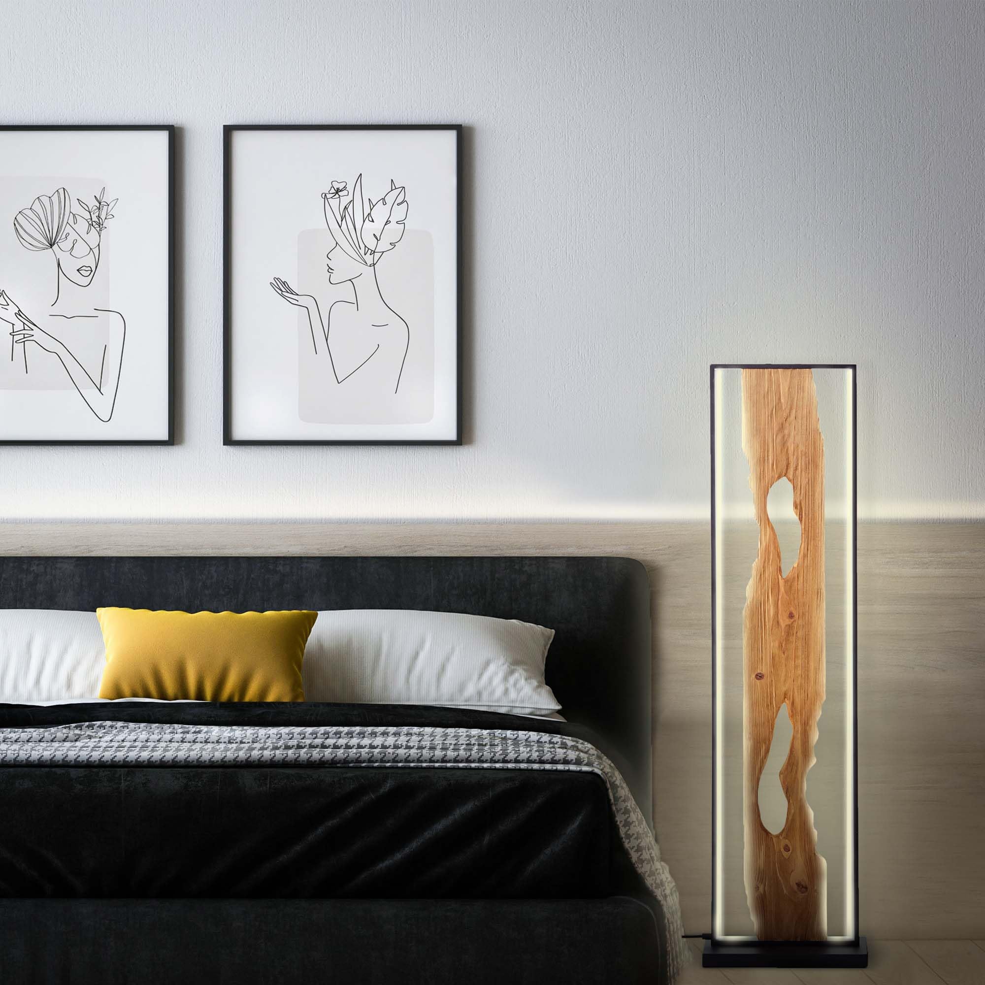 Brilliant LED Standleuchte 120cm Stehlampe Holz/Schwarz, Eckleuchte Aluminium/Metall/Holz, Lampe Wohnzimmer Stehlampe Modern Floor Lamp 1x LED integriert, 20W, Holzlampe, Corner Lamp