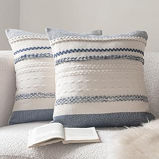 Boho Throw Pillow Covers 18x18 Inch Set of 2, Navy Blue Textured Decorat...