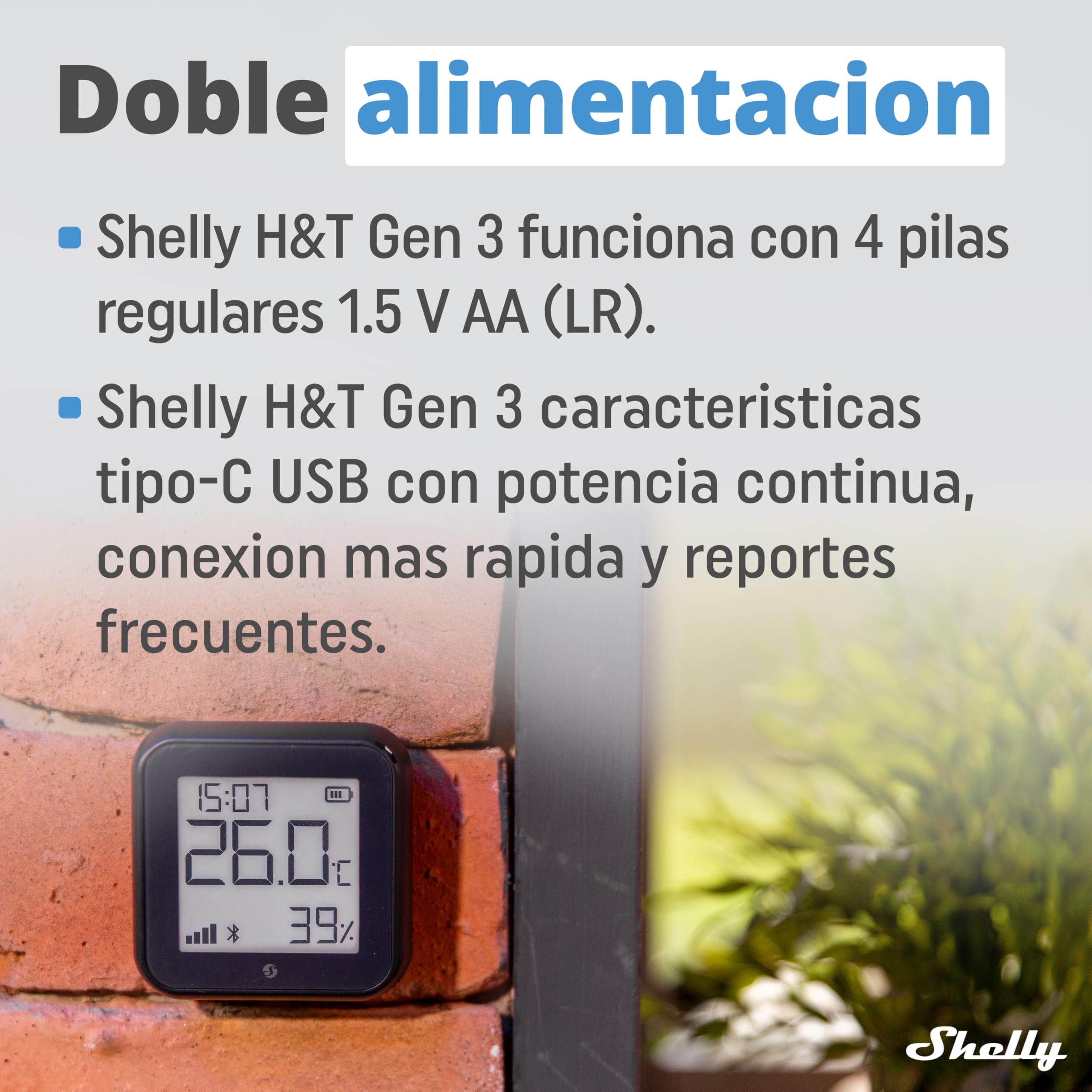 Shelly H&T Gen3 Negro - Termómetro Higrómetro Wi-Fi & Bluetooth, Medidor Inalámbrico de Temperatura y Humedad, Almacenamiento de Datos, Control Remoto por App, Bateria Larga Duración o USB