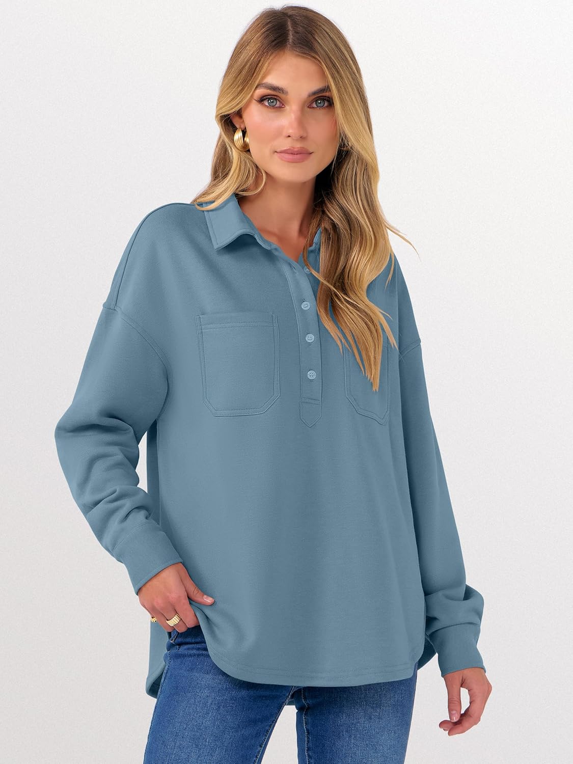 ANRABESS Sweatshirt for Women Oversized Casual Long Sleeve Side Slit Button Lapel Polo Pullover Tunic Tops 2025 Fall Outfits - Image 5