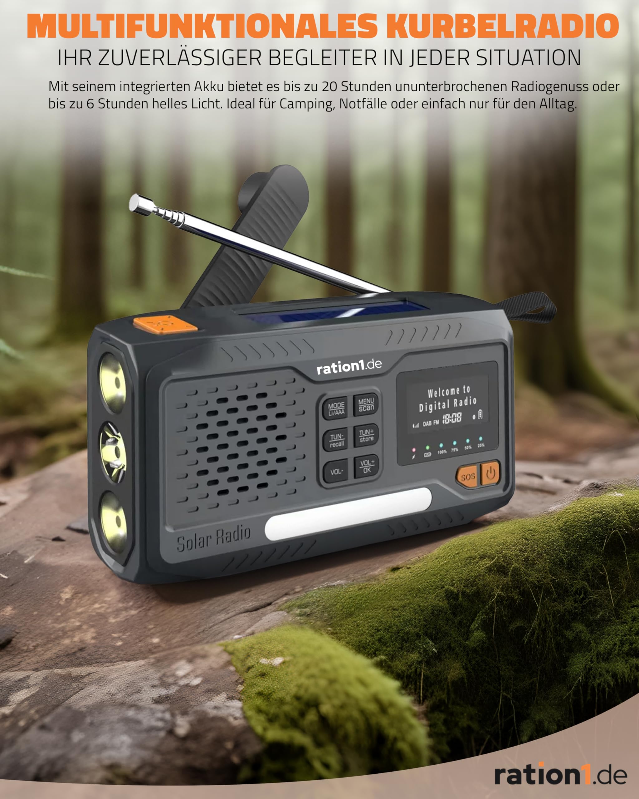 ration1 Kurbelradio DAB+, Tragbares Solarradio mit LED-Taschenlampe, 2000mAh Powerbank, Handkurbel, SOS-Funktion, Bluetooth, USB-C, für Camping und Notfall