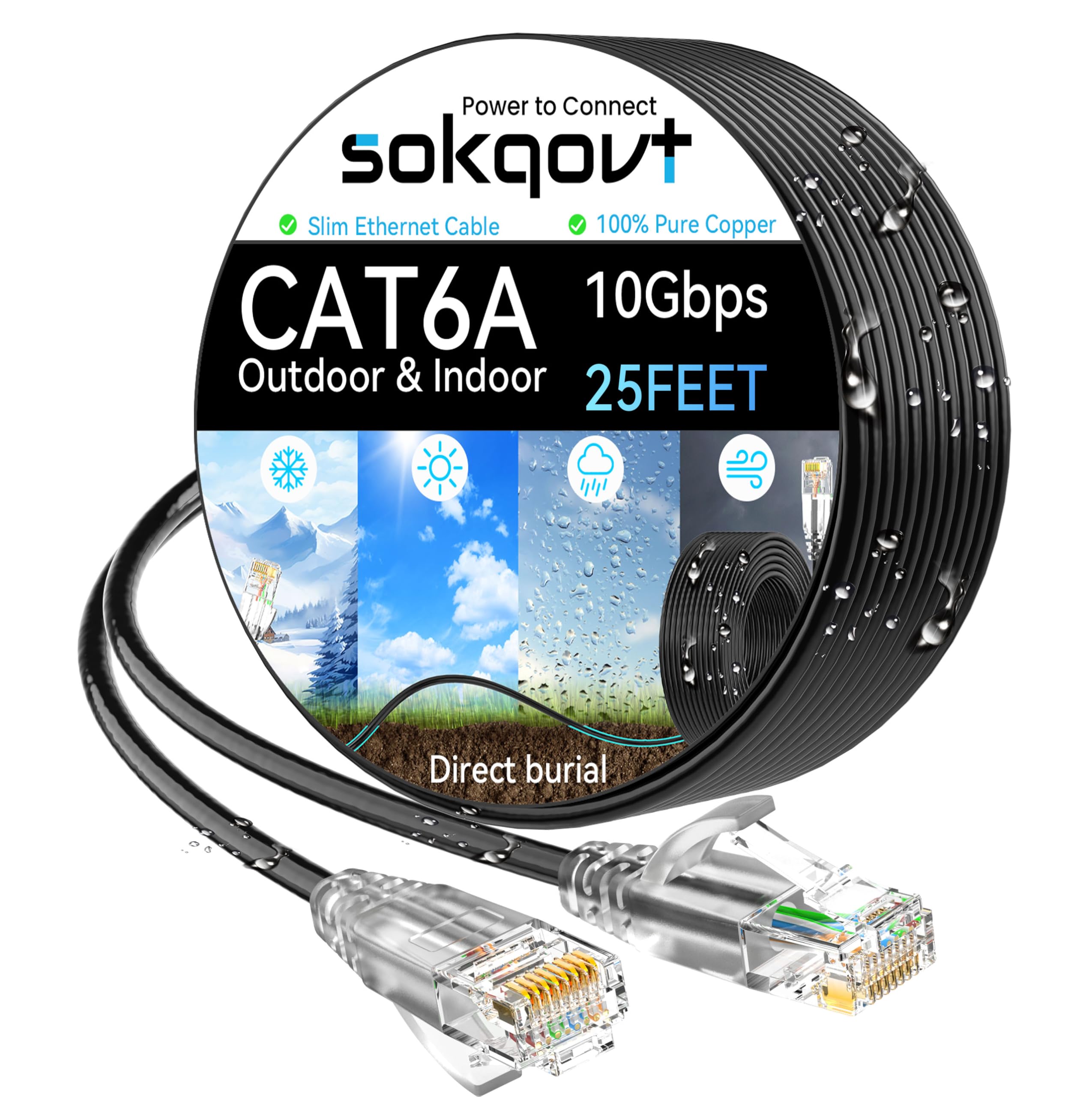 Cat6a Ethernet Cable Slim 25ft Outdoor&Indoor, 28AWG Pure Copper Cat6 Internet Cable for Waterproof & Direct Burial, Flexible Cat6 Ethernet Cable 10G