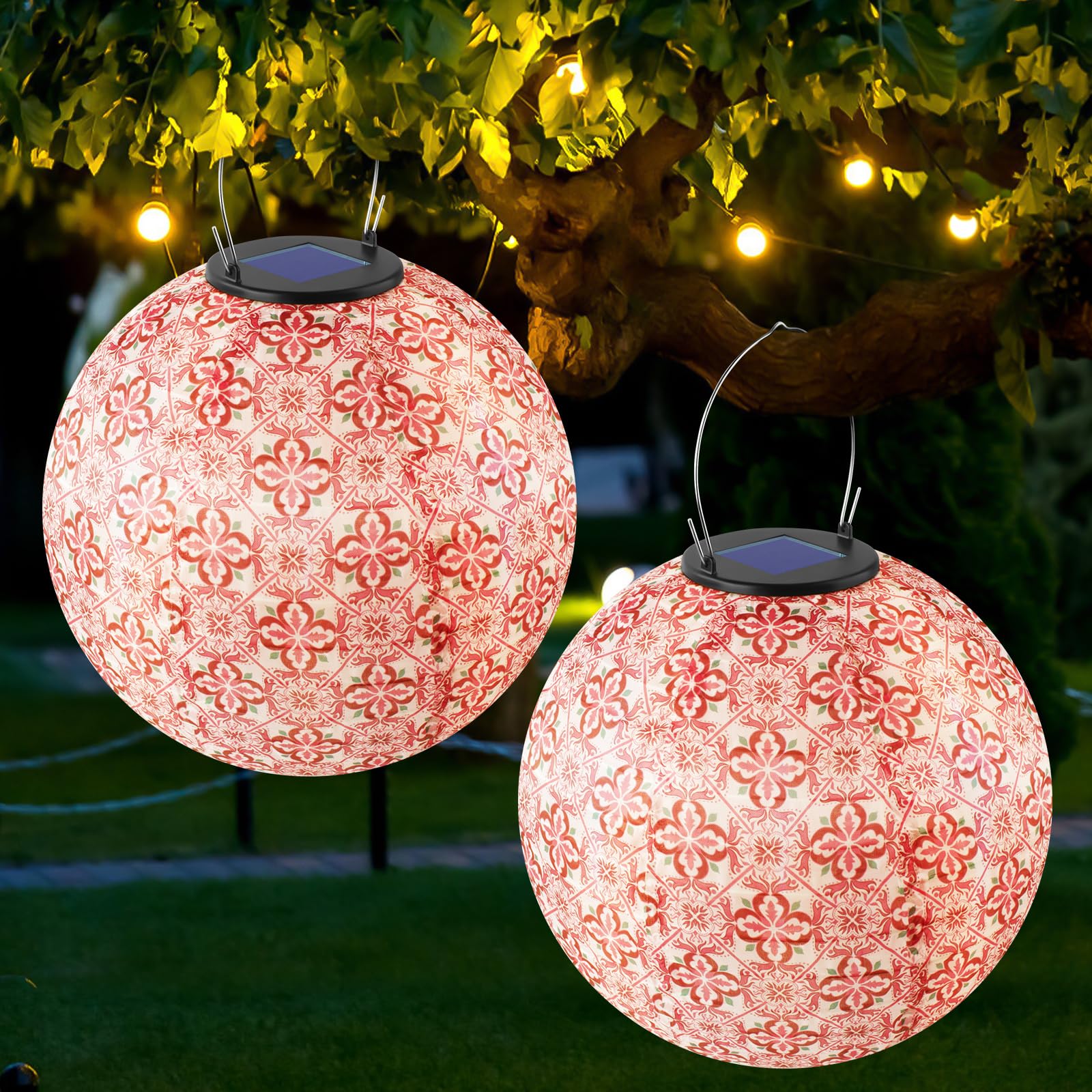 IXYHKB 2 x 25 cm Solar Paper Lantern, Nylon Solar Lantern, Waterproof Outdoor LED Solar Lanterns for Summer Garden, Terrace, Balcony, Wedding, Birthday