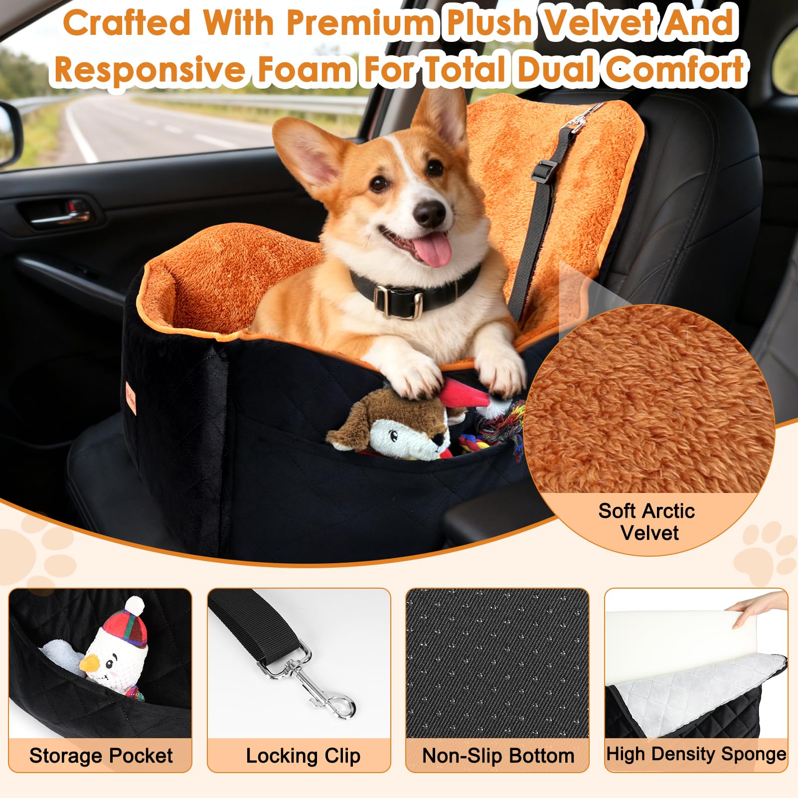 Vivifying Dog Car Seat for Small and Medium Dogs, 4" Booster Pet Car Seat with Safety Strap, Plush Travel Dog Bed for Car with Storage Pocket, Detachable Washable Cover, Fits Dogs up to 35lbs (Black) - image 3
