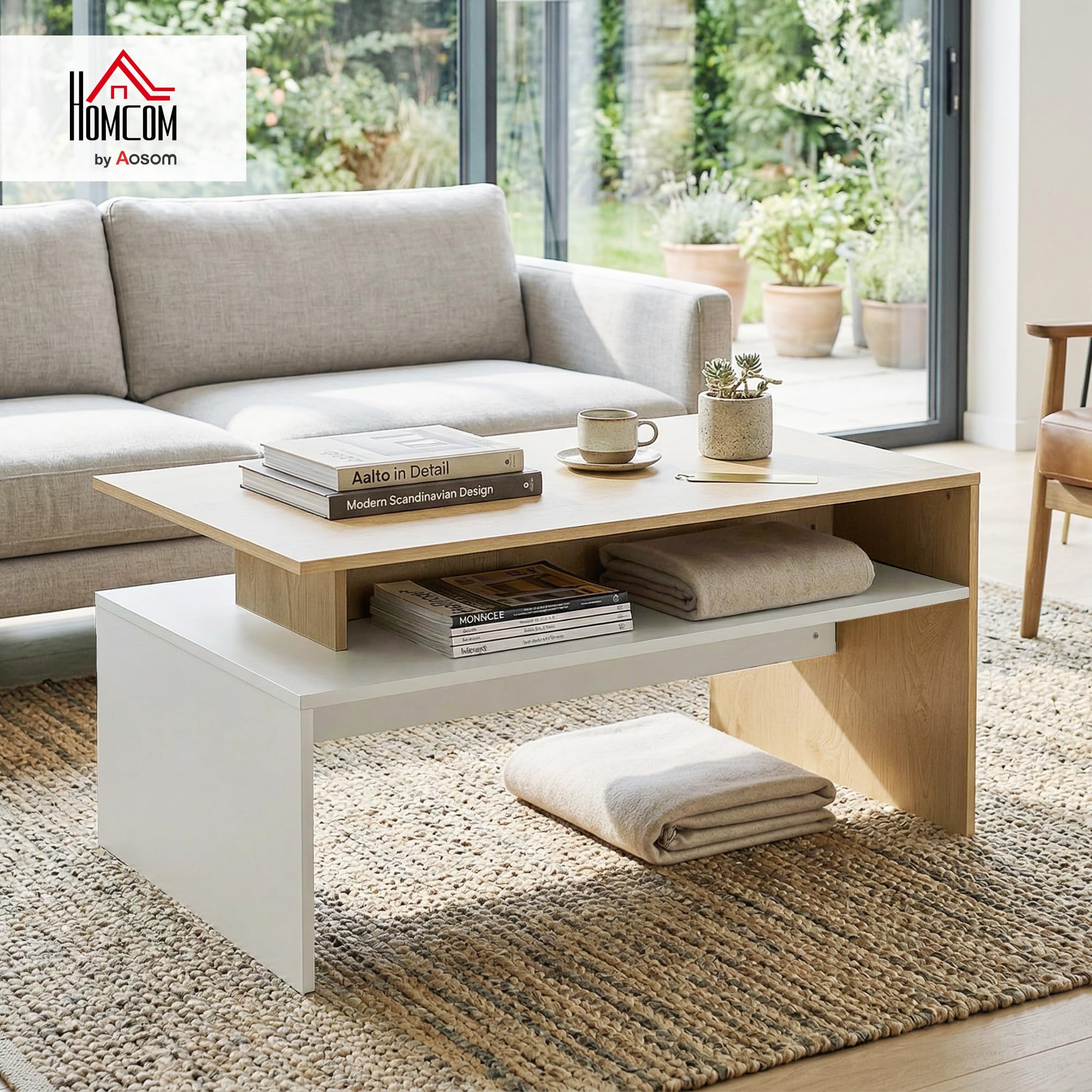 HOMCOM Tavolino da Caffè, Tavolino Salotto Moderno Bicolore con Mensola Sfalsata, Tavolo Soggiorno per Casa Ufficio, 95 x 55 cm, Legno Naturale e Bianco