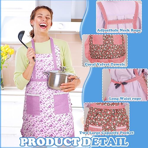 Miniatura 2 de Zhanmai 3 Pcs Women Floral Aprons with Pocket Soft Kitchen Chef Aprons for Women Cooking Gardening Púrpura, Azul, Melocotón,Rosa, marrón