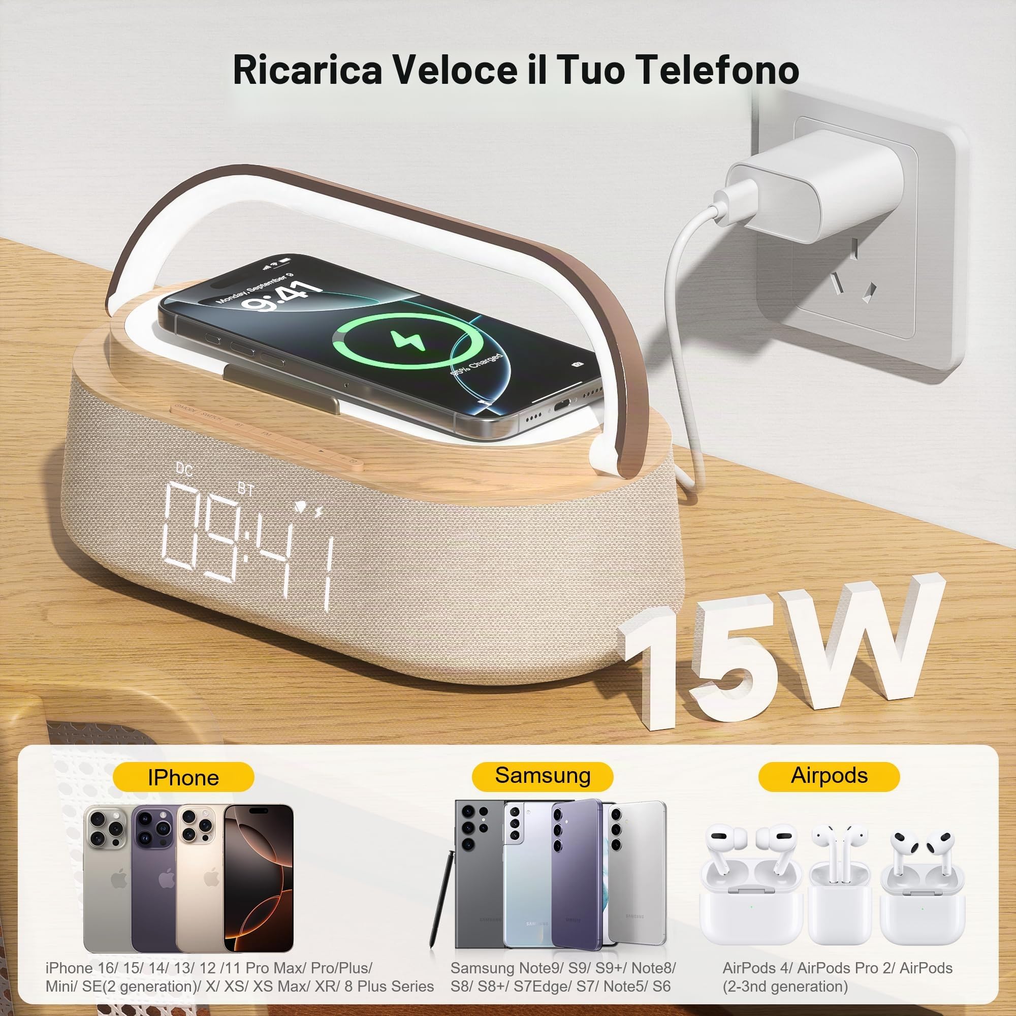 COLSUR Radiosveglia Digitale con Ricarica Wireless, Radio FM Sveglia con Allarme, Bluetooth Speaker, USB Luce Notturna, Display LED