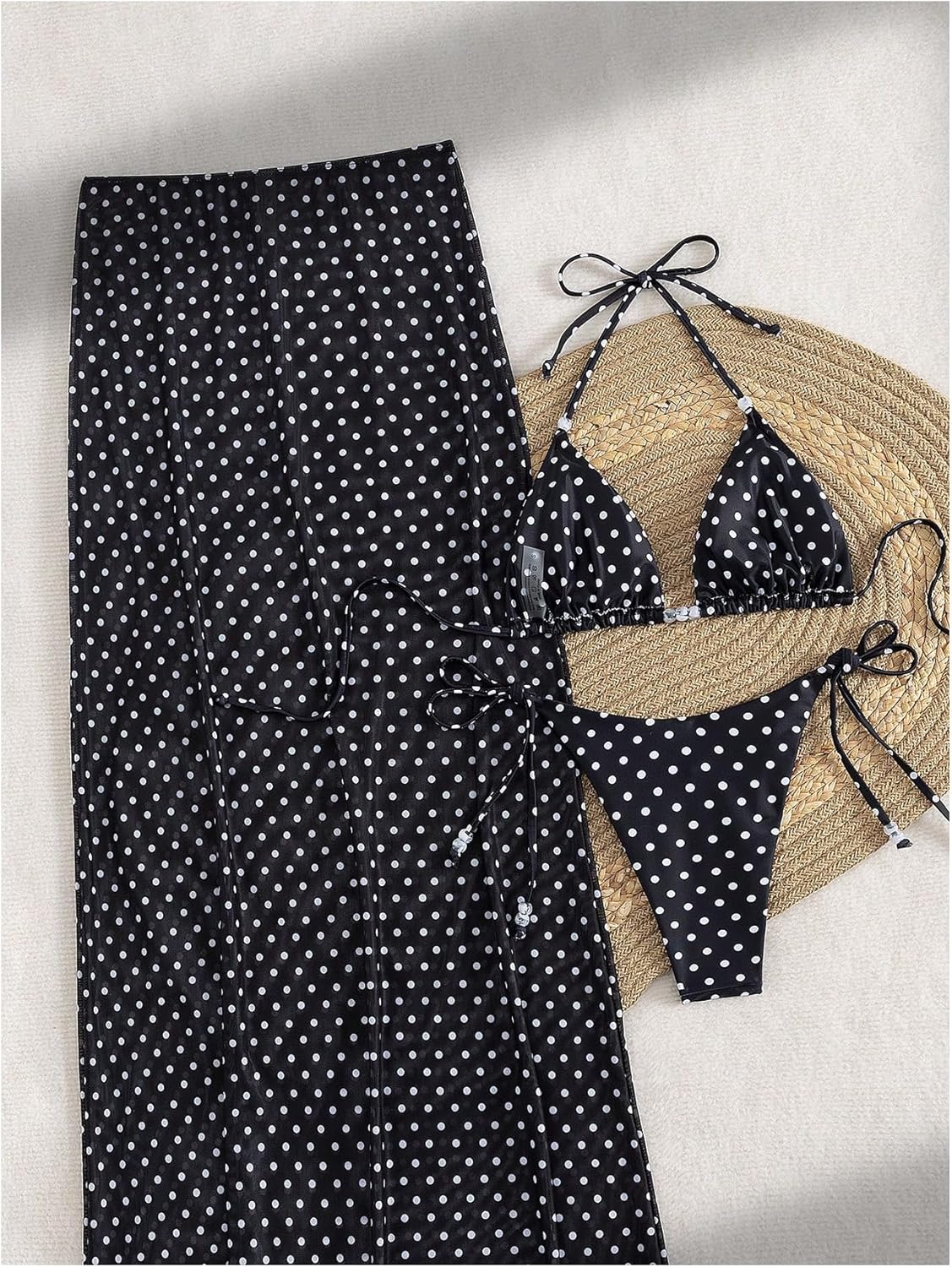 OYOANGLE Women's 3 Piece Polka Dots Bikini Swimsuit Triangle Halter String Bikini Set with Mesh Cover Up Long Skirt - Image 3