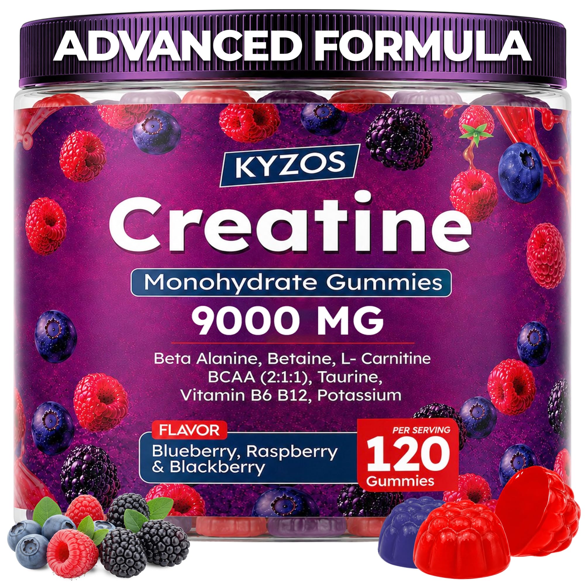 Creatine Monohydrate Gummies 5000mg for Men & Women, Blended BCAA 2:1:1, Beta-Alanine, Taurine & L-Carnitine, Sugar Free Mixed Berry Flavored, 120 Count