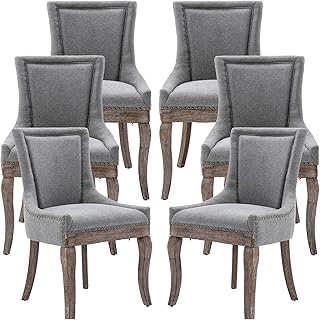 Modern Dining Chairs Set of 6, Fabric Upholstered High Back Chairs with Nailhead Trim and Curved Solid Wood Legs, Sillas de Comedor Accent Chairs for Dining Room, Gray