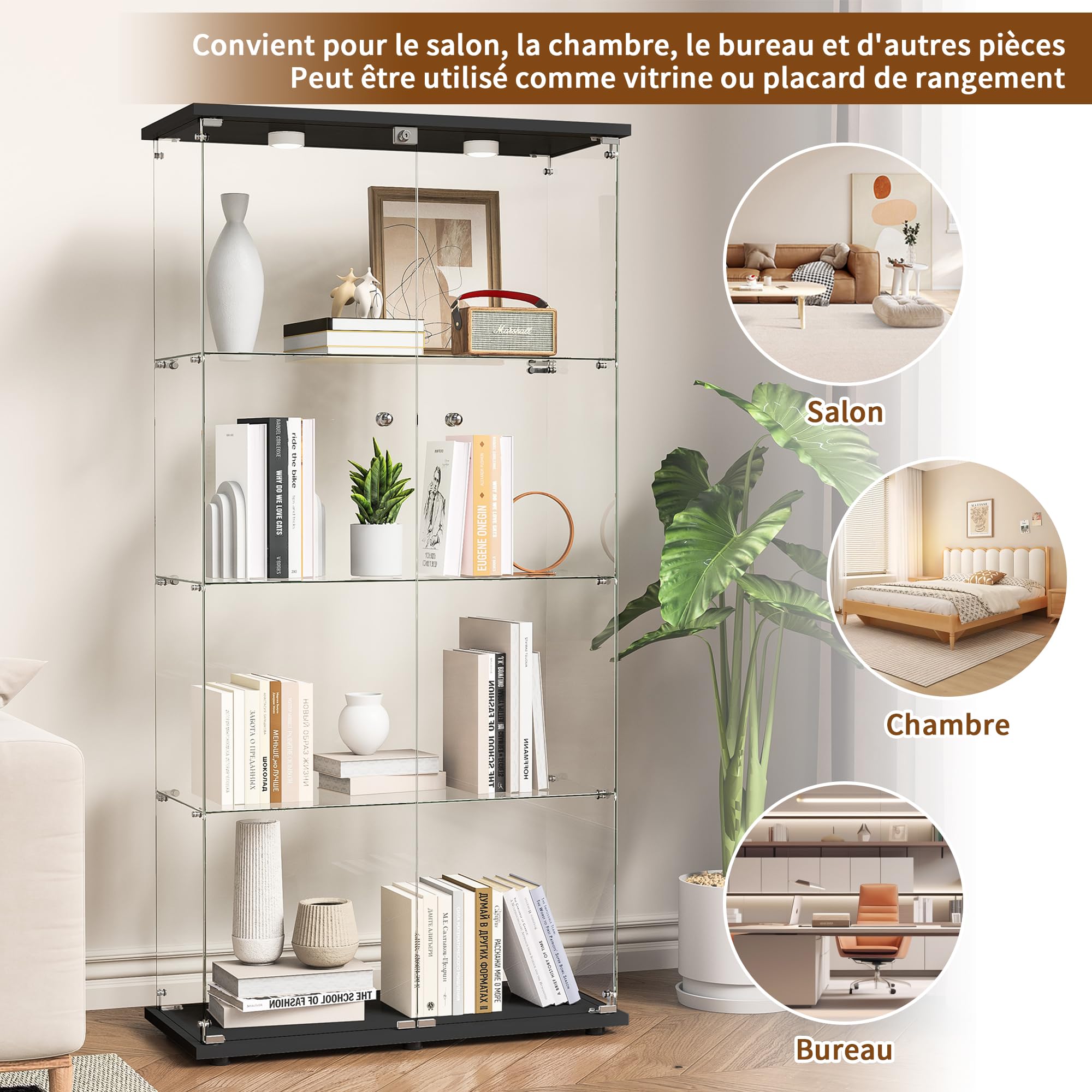 Vitrina de cristal, Vitrina expositora cristal de pie con cerradura y iluminación LED, Armario vitrina para colección con 2 puertas 4 compartimentos para salón, dormitorio, oficina, Negro (Negro)