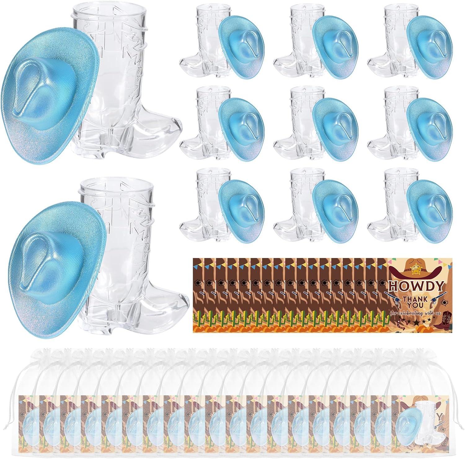 20 Pcs 1oz Cowboy Boot Shot Glasses & 10 Pcs Cowgirl Pink Hats with Cards
