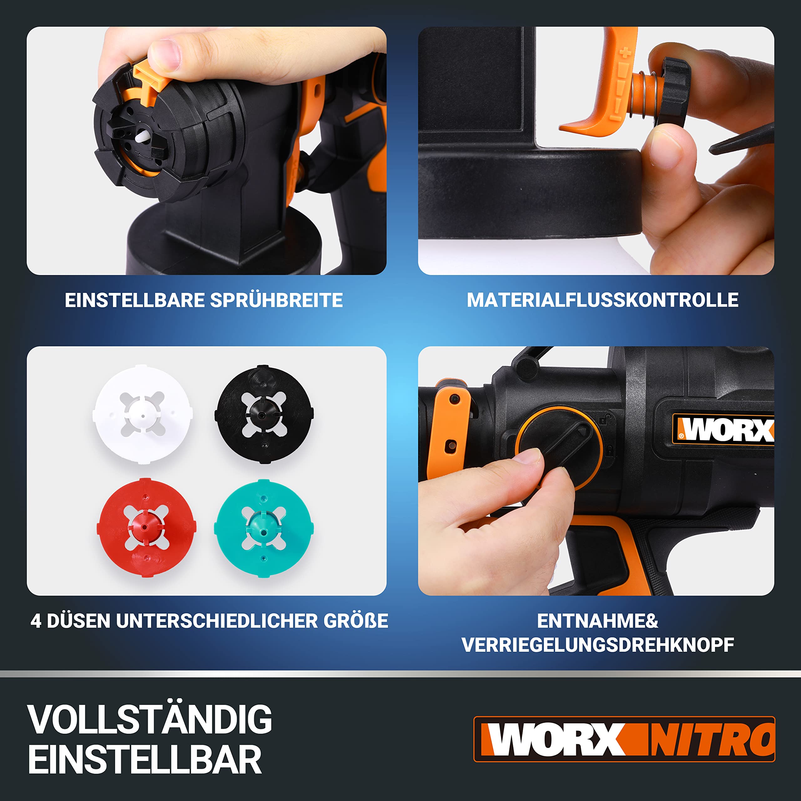 WORX WX020.9 Nitro Akku-Farbsprühsystem 20V - leistungsstark bürstenloser Motor - 3 Sprühform & 4 Düsengrößen - einfache Reinigung - gleichmäßiges Sprühen - ohne Akku & Ladegerät