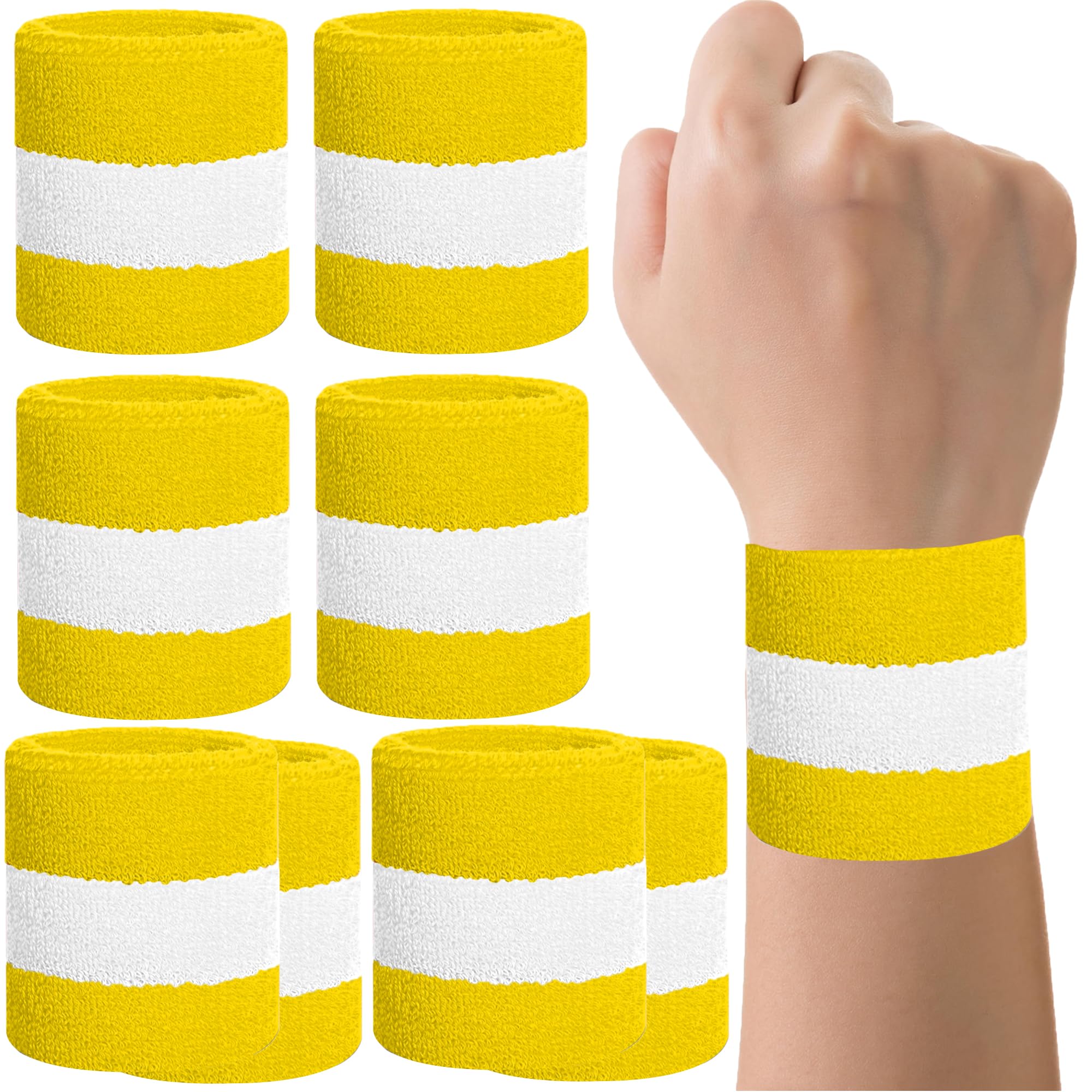 8 Pack Wrist Sweatbands Tennis Wrist Bands Absorbent Sweat Band for Men and Women, Breathable Cotton Sweatbands for Working Out, Football, Basketball, Running Athletic Sports -Yellow/White/Yellow-image-19