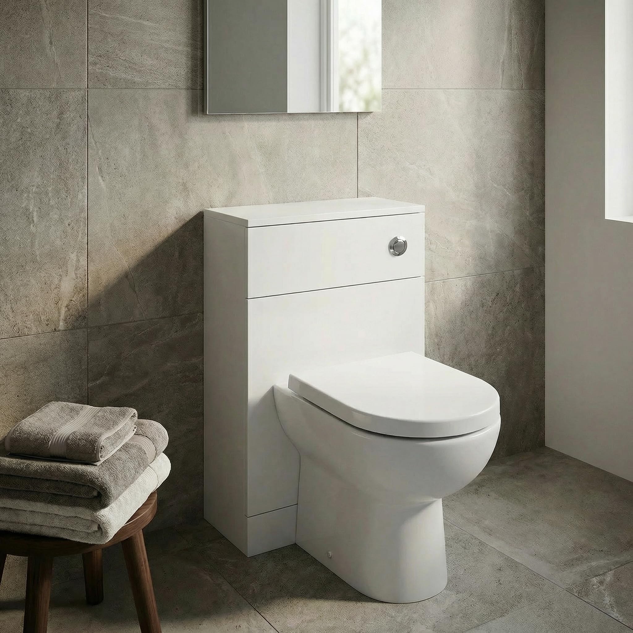 Baystone Modern Bathroom Cloakroom Back to Wall BTW Toilet WC 500mm Furniture Unit D Shape Pan Soft Close Seat, Dual Flush Cistern, Matt White