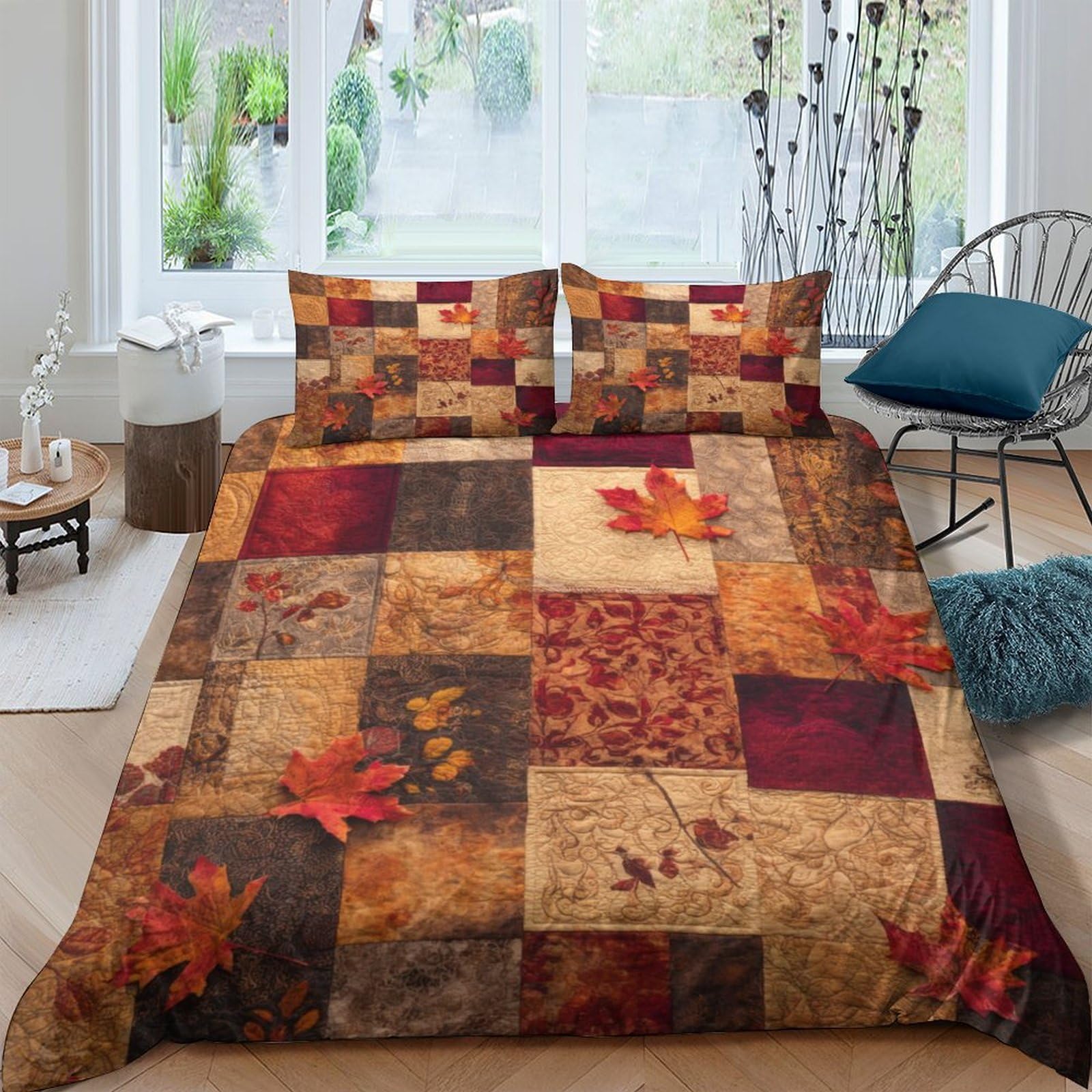 GPLZQXKJNH 3D Printed Autumn Leaves Patchwork Duvet Cover Microfiber Soft Breathable Quilt Cover Set with 2 Pillowcases for Bedroom Decor Single（135x200cm）