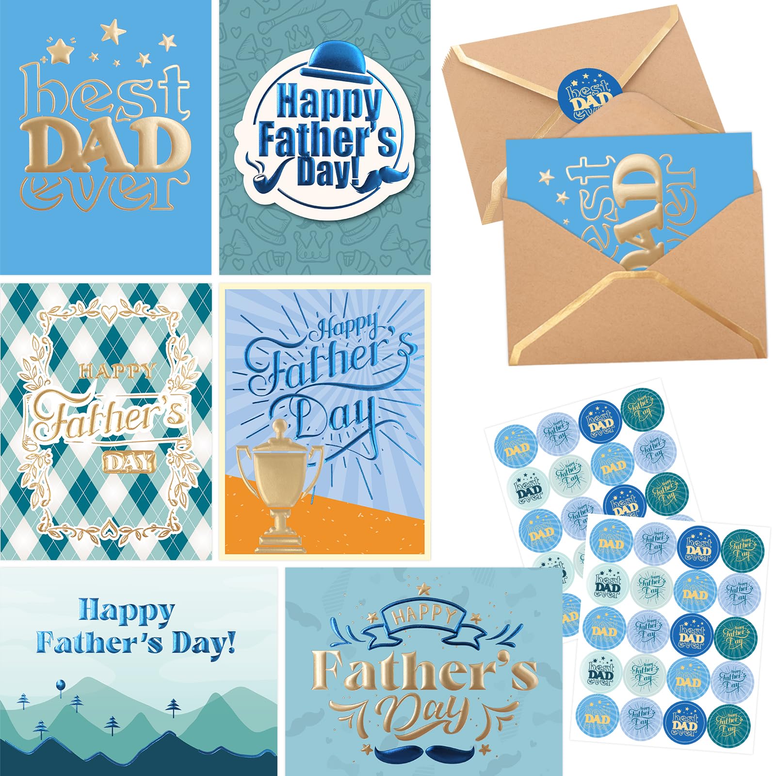 Photo 1 of [PARTIAL SET] WorldBazaar Bulk Fathers Day Cards with Envelopes 24 Pack Embossed Father’s Day Gift Card Gold Foil Best Dad Ever Cards Blank Inside