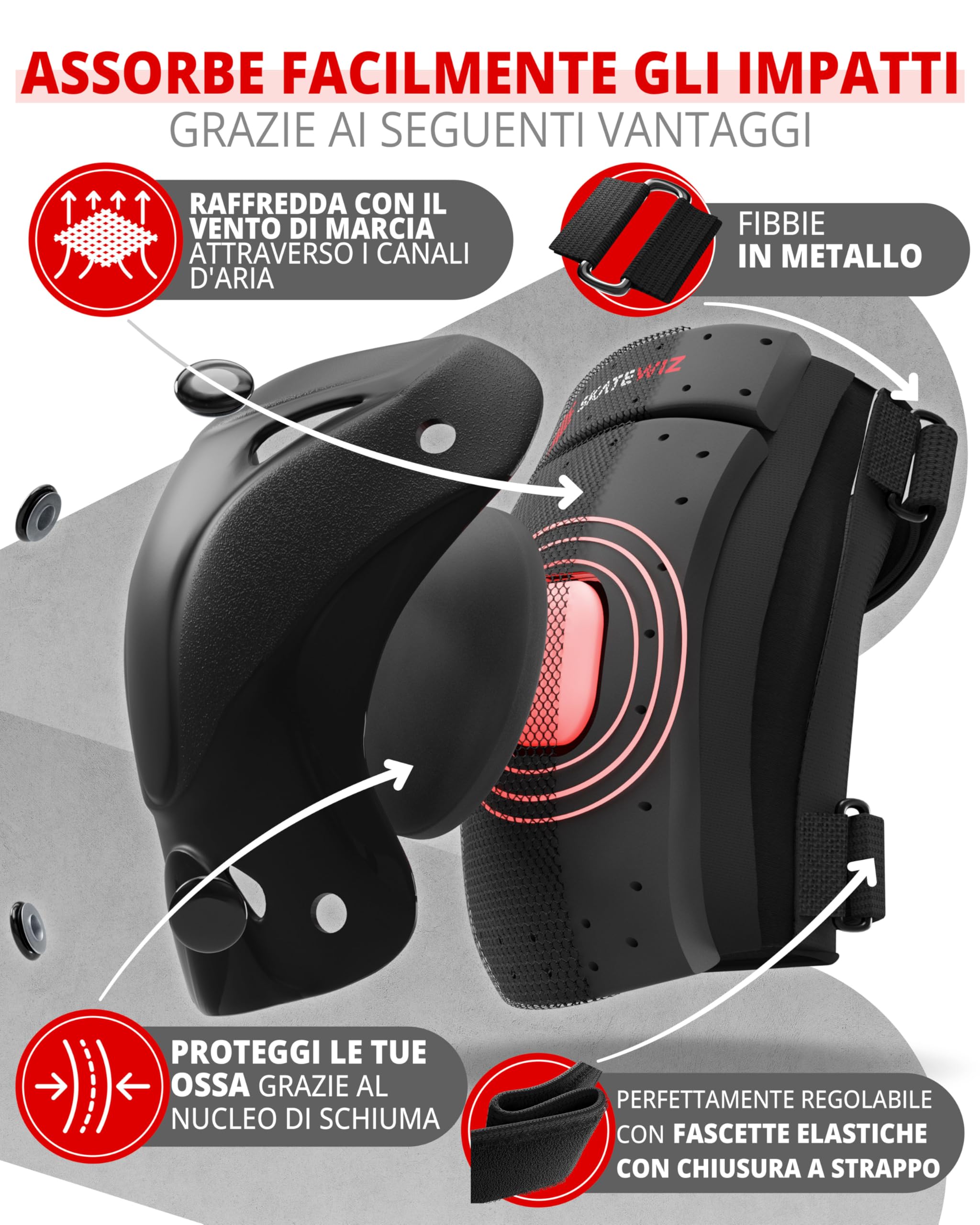 SKATEWIZ Set di Protezioni per Bambini – Ginocchiere in Fodera per Bambini – Set di Protezione [6] per Bambini e Adulti, vestibilità Ideale Grazie alle Grandi Protezioni con Alti Livelli di