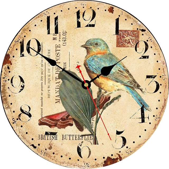 Toudorp Silent Wall Clock 14 Inch Wooden Arabic Numerals Home Decor Wall Clocks Round Vintage Animal Pattern Clock Easy to Read Battery Operated Quartz Wall Clocks (Bird on the Leaf)