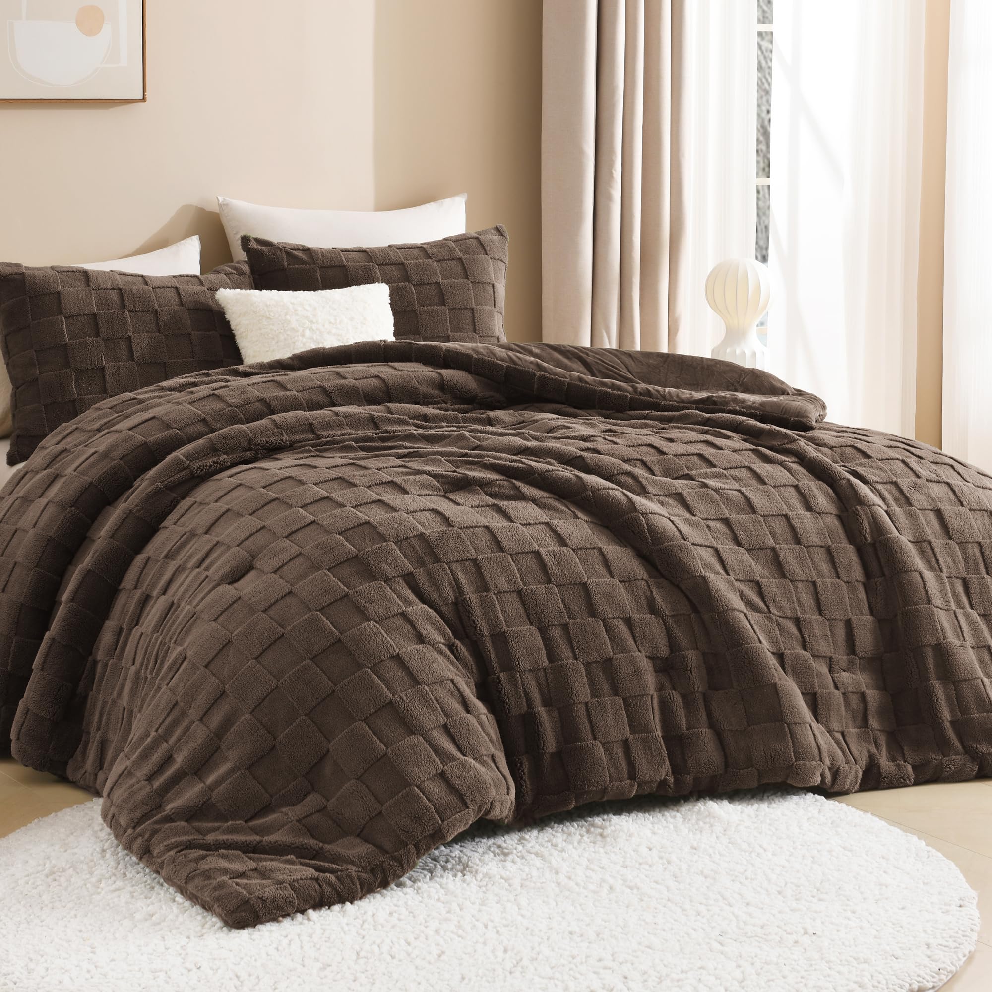 Litanika Fluffy King Comforter Brown, 3Pcs Warm Sherpa Fleece Bedding