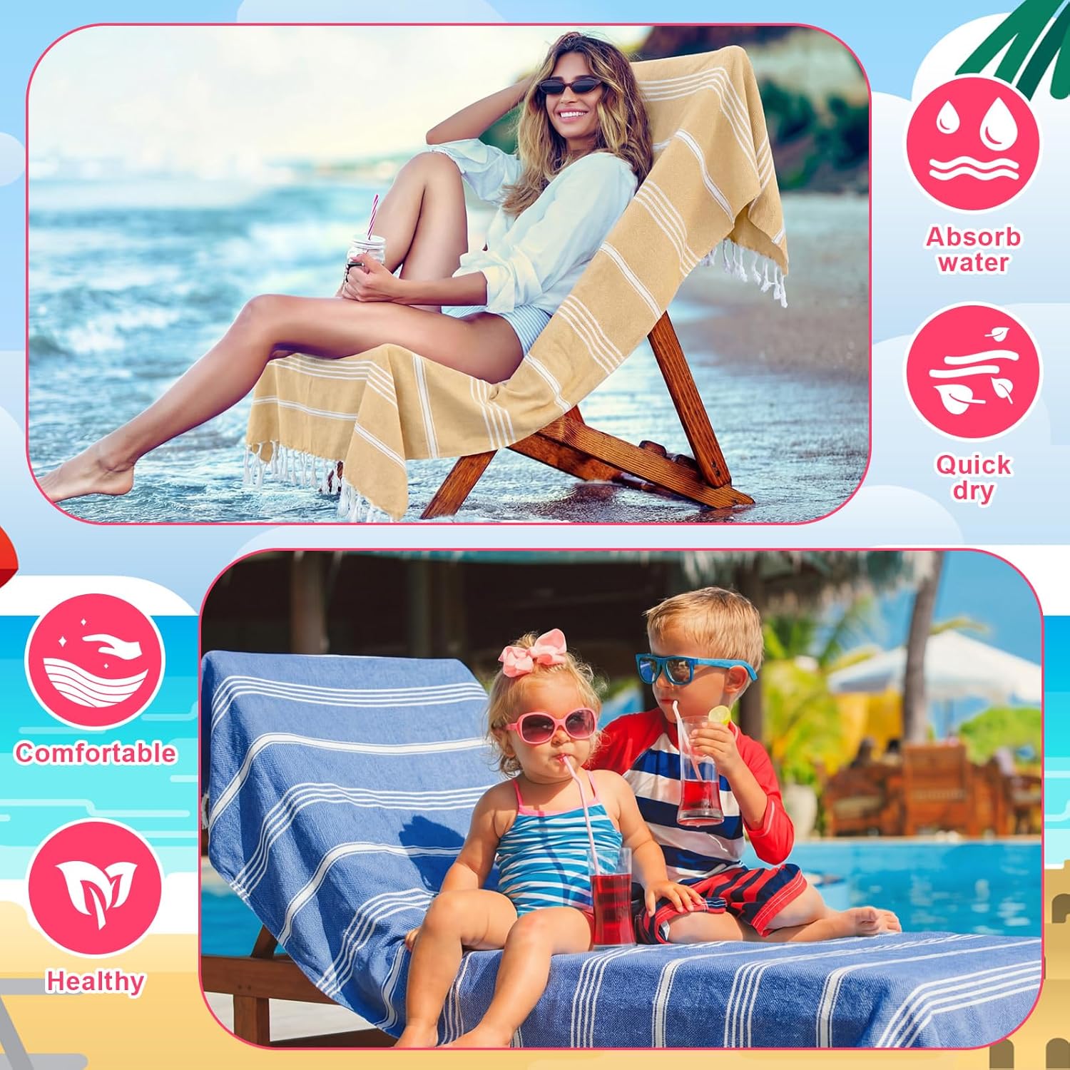 Peryiter 16 Pcs Oversized Cotton Turkish Beach Towels with Storage Bags – Stripe, Quick Dry, Sand-Free, Lightweight 39×71 Inch Towels for Pool, Beach, Yoga, Camping, Spa