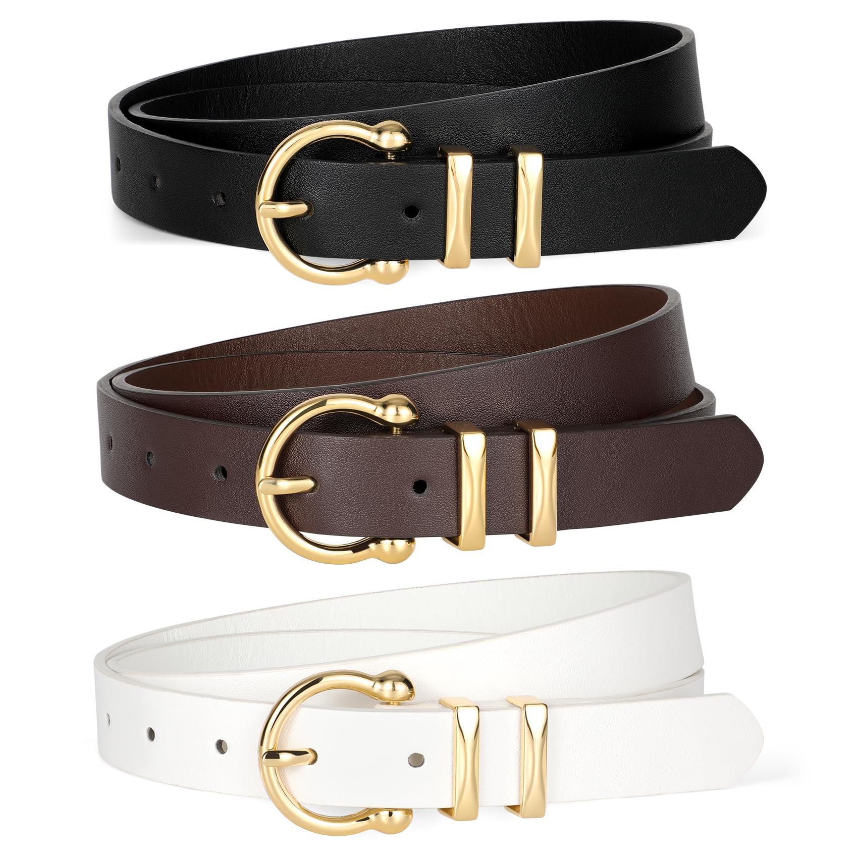 KASBAH 3 Pack Women's Leather Belts For Jeans Dresses Ladies Belt For Pants With Gold Buckle Casual Work Wear Belt
