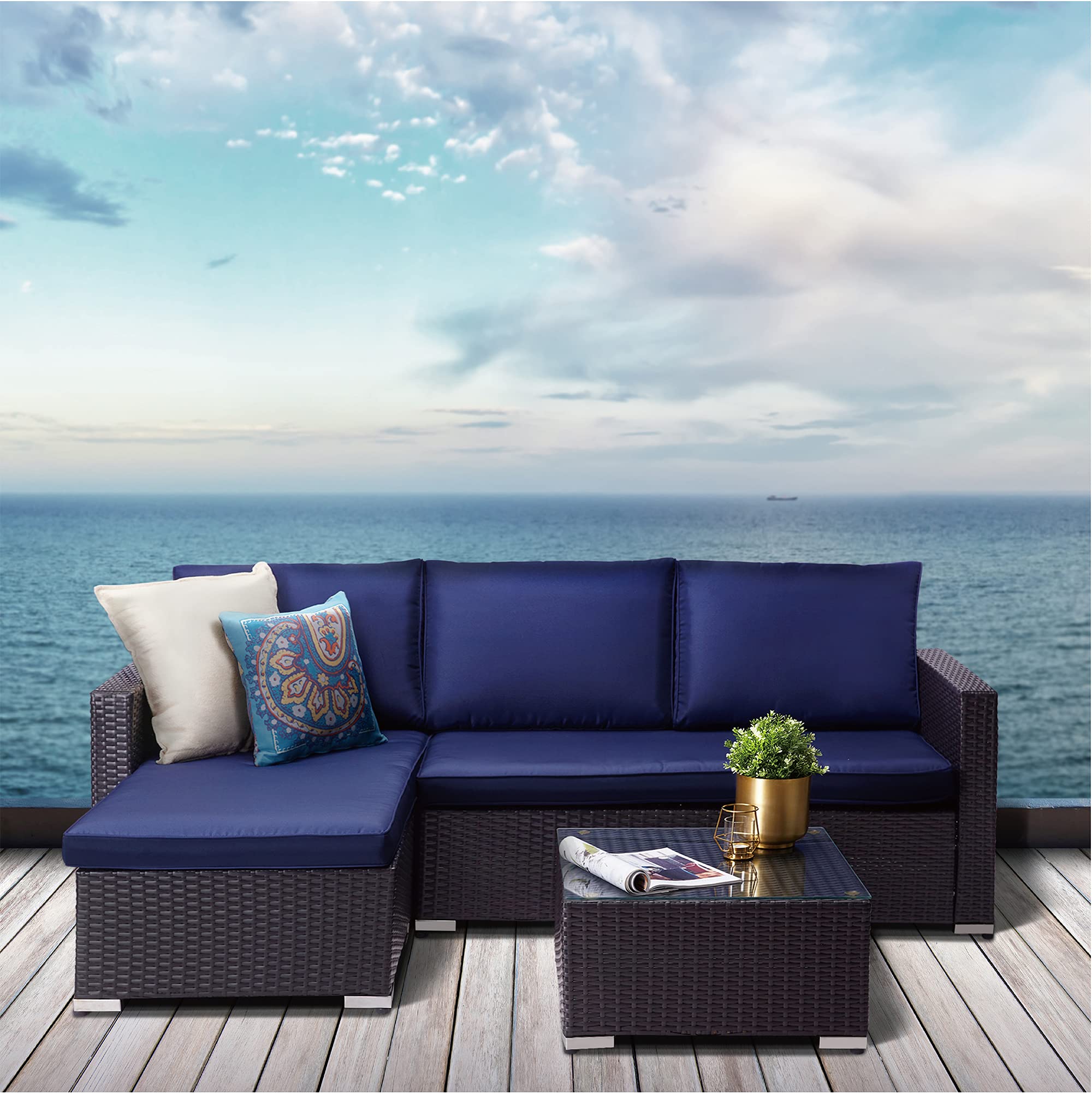 Teamson Home Terrasse Gartenmöbel, 3-Teiliges Rattan Weide Schnitt Set mit 2er-Sofa, Chaiselongue, Tisch und Kissen, Braun/Blau