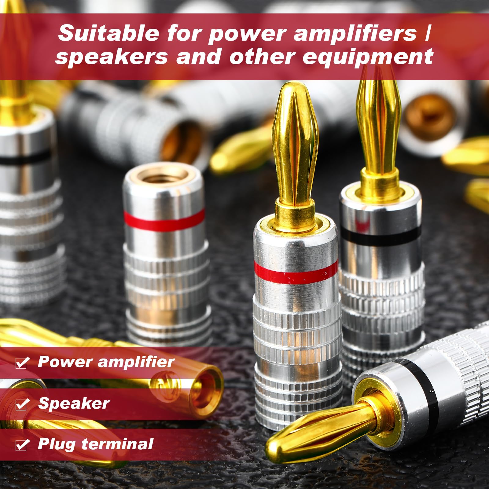Yaocom 24 pares/48 conectores banana chapados en oro de 24 quilates con doble tornillo para cable de altavoz, placa de pared, cine en casa, receptor de audio/video, amplificadores y sistemas de sonido