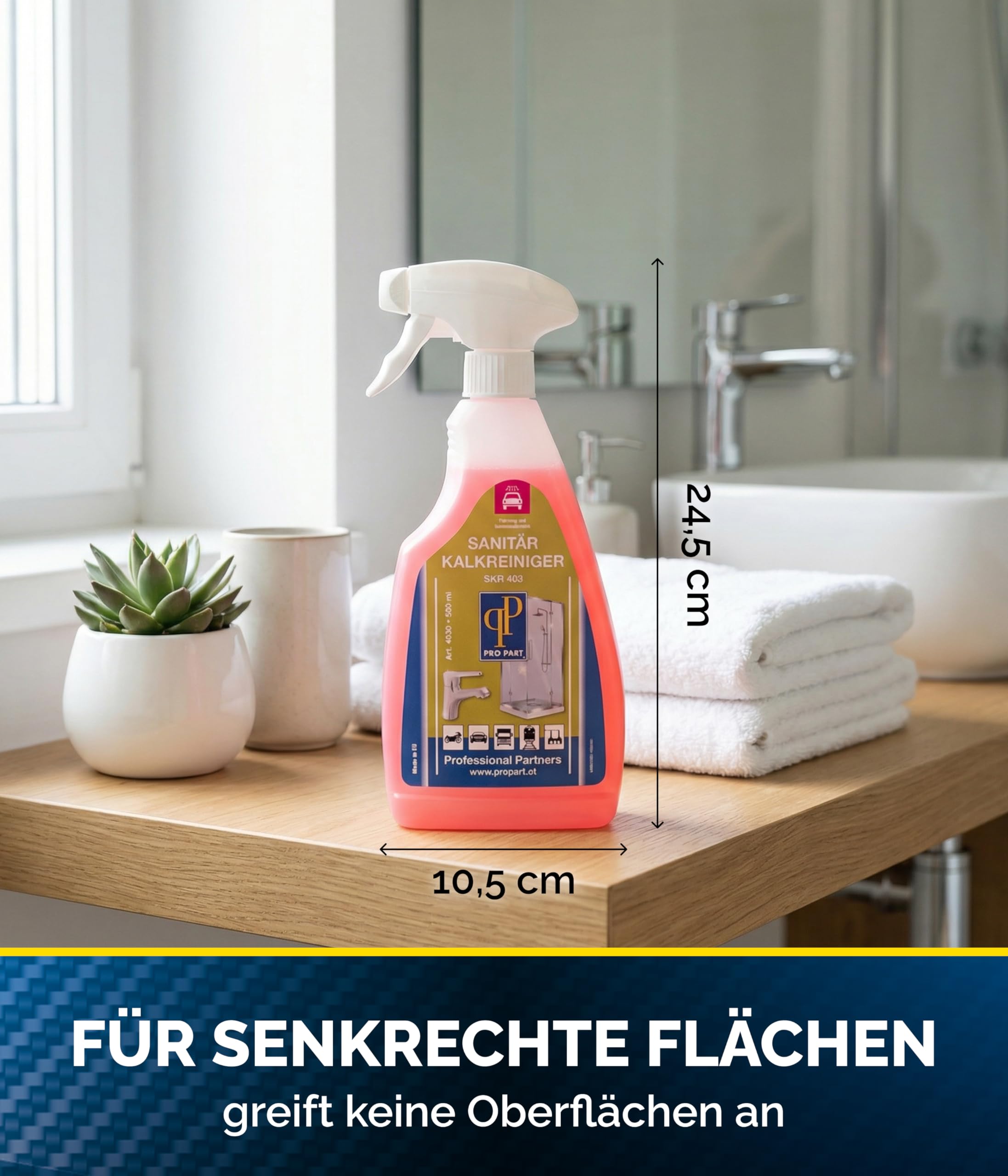 Pro Part® Sanitär Kalkreiniger SKR 403 – 4 x 500 ml – Extra starker Kalkentferner fürs Bad, schonend zu Oberflächen – Ideal für senkrechte Flächen, entfernt hartnäckigen Kalk, Made in EU