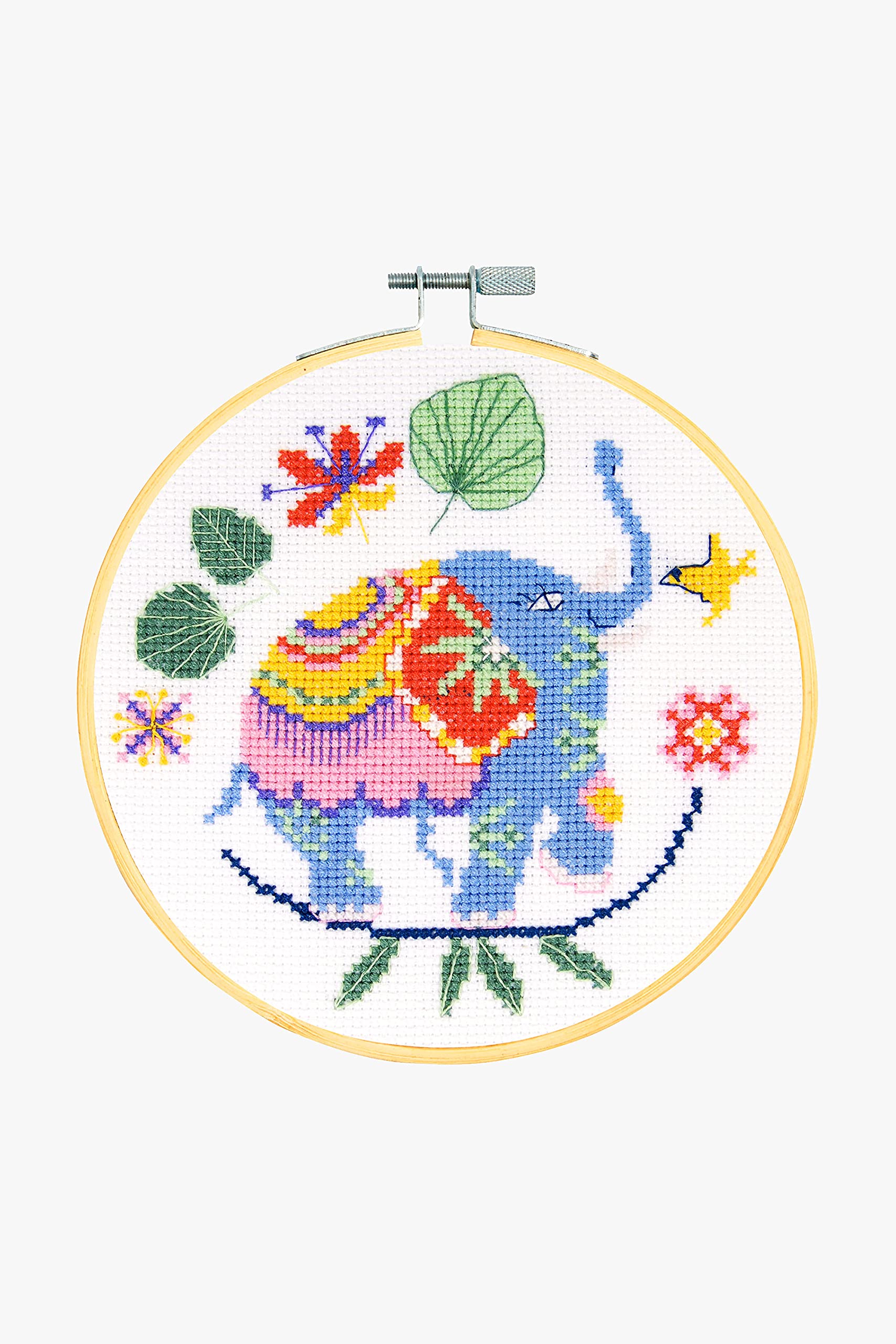 Kit point de croix éléphant DMC complet avec toile aïda, fil mouliné et tambour 15cm