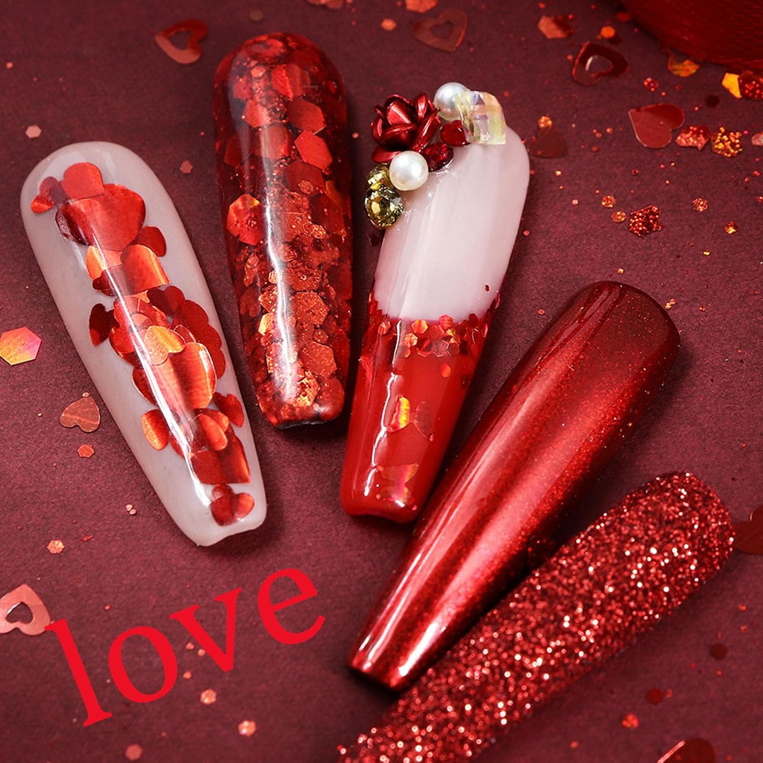 Valentine’s Day Nail Art Glitters Red Heart Nail Sequins for Nail Art Red Shiny Flake 3D Holographic Powder Dust Glitters Valentine’s Day Nail Art Decorations Sets（6 Boxes