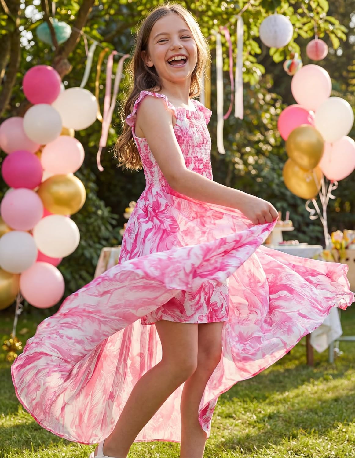 GRACE KARIN Girls Hawaiian Floral Smocked Dresses, Girl Flutter Sleeve Spring Summer Dress, Kids Easter Maxi Long Dresses - Image 5