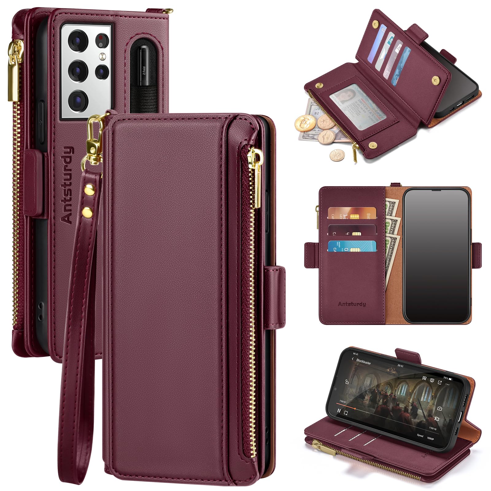 Antsturdy Samsung Galaxy S21 Ultra 5G case Wallet with Card Holder for Women Men,Galaxy S21 Ultra Phone case RFID Blocking PU Leather Flip Shockproof Cover with Strap Zipper Credit Card Slots,Wine Red