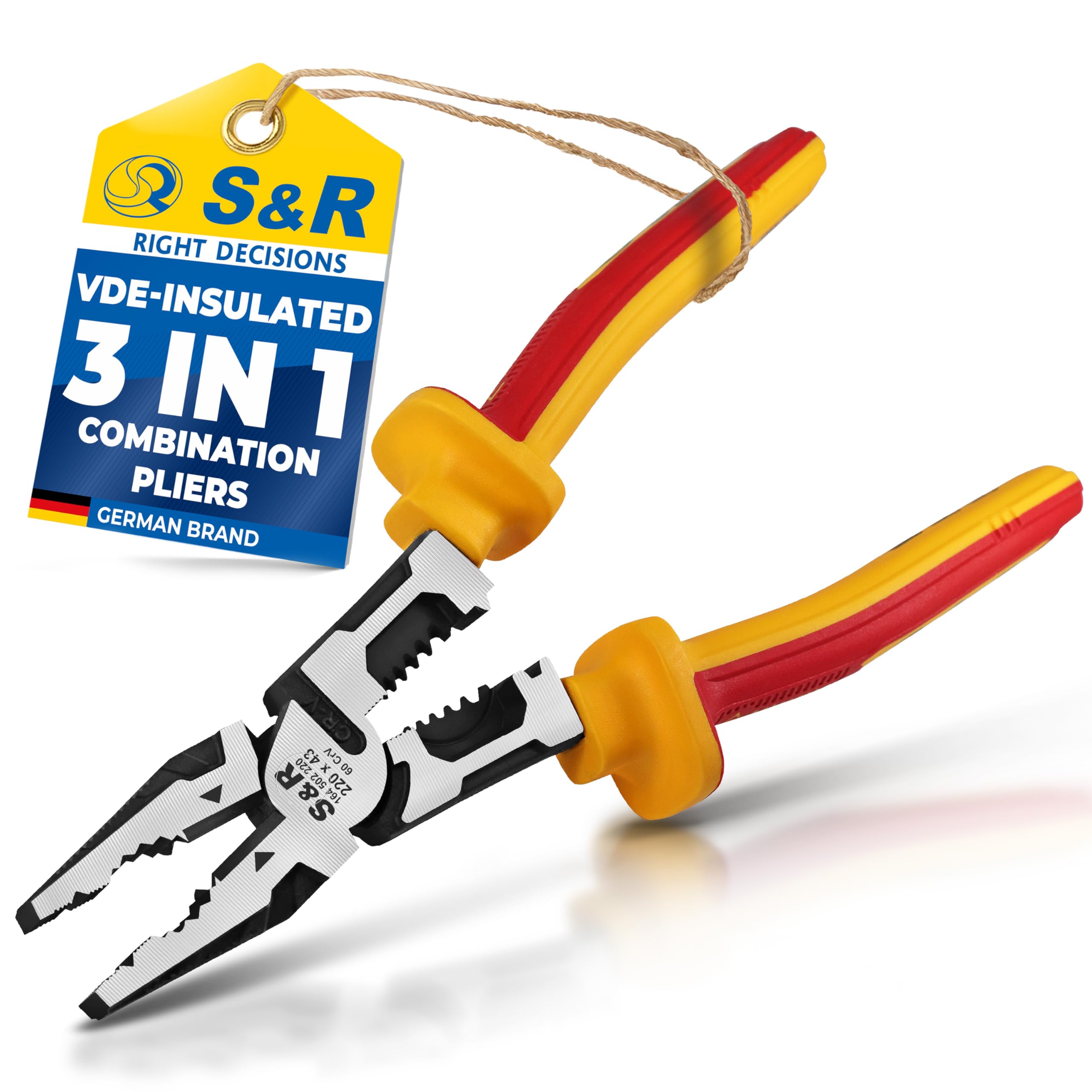 S&R Szczypce kombinowane 220mm izolowane VDE 1000V, szczypce elektryczne ze stali 60CrV kutej w matrycy, szczypce uniwersalne profesjonalne do drutu miedzianego i aluminiowego AWG10-18