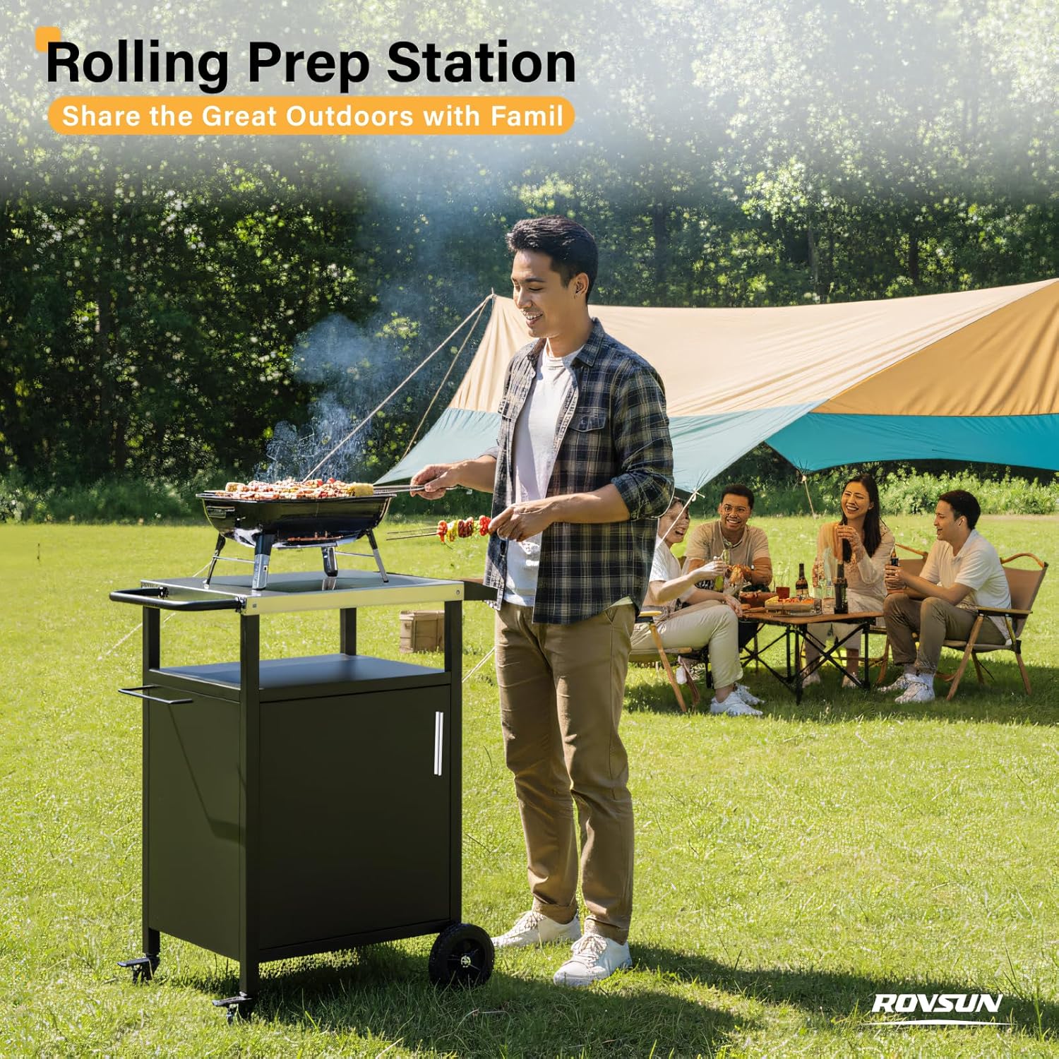ROVSUN Outdoor Grill Table Cart with Cabinet, Stainless Steel Movable Kitchen Island with Large Storage Cabinet, Multifunction Food Prep Table with Bottle Opener and Seasoning Tray, for Patio, Home