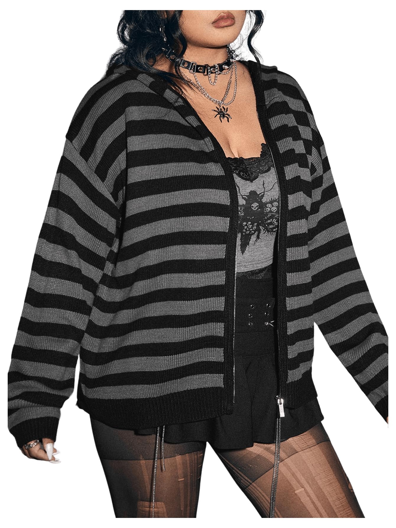 BEAUDRM Women's Plus Size Striped Cardigan Sweater Goth Grunge Zip Up Sweater Hoodies Long Sleeve Drop Shoulder Hoodie: X-Large Plus Black