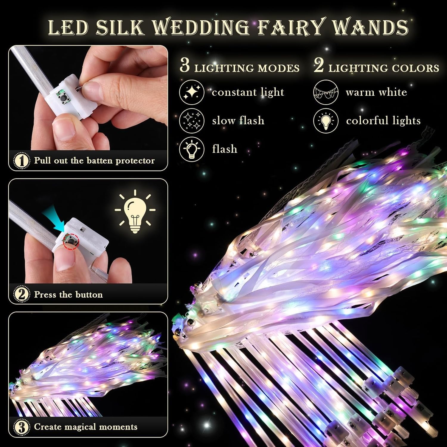 LED Hochzeitswedel – Leuchtende Hochzeitsdeko mit Warmweißem & buntem Licht | mit Bändern und Glöckchen – Wedding Wands Perfekt für Hochzeitsauszug, Partys & Feiern (50)