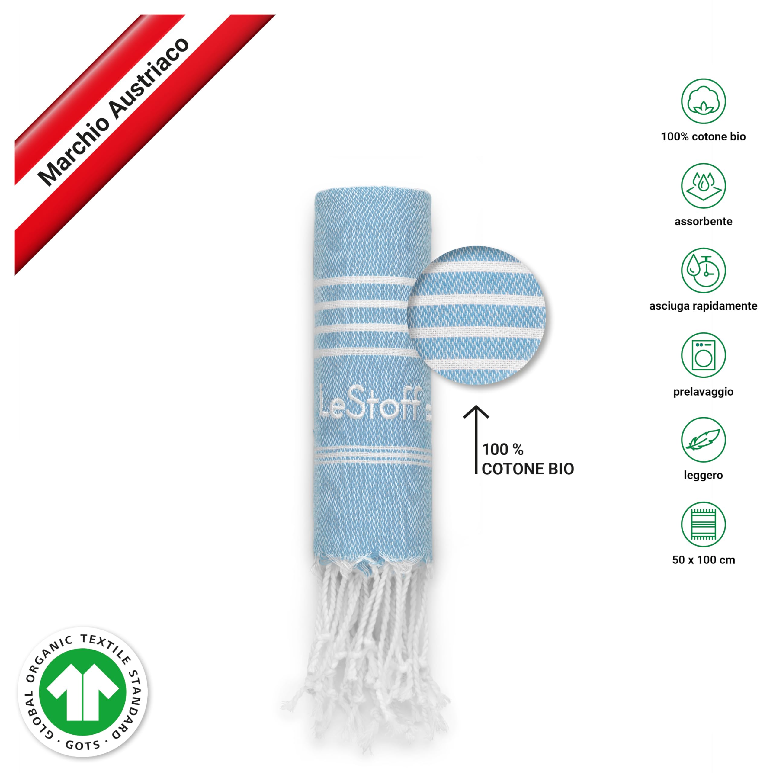 LeStoff Telo mare - 100% Cotone bio, 50 x 100 cm, Prelavato, Assorbente, Asciugatura Rapida, Leggero, Fouta, Telo Ospite, Telo Doccia, Telo Yoga, Telo da Palestra, Asciugamano Sportivo (Light Blue)