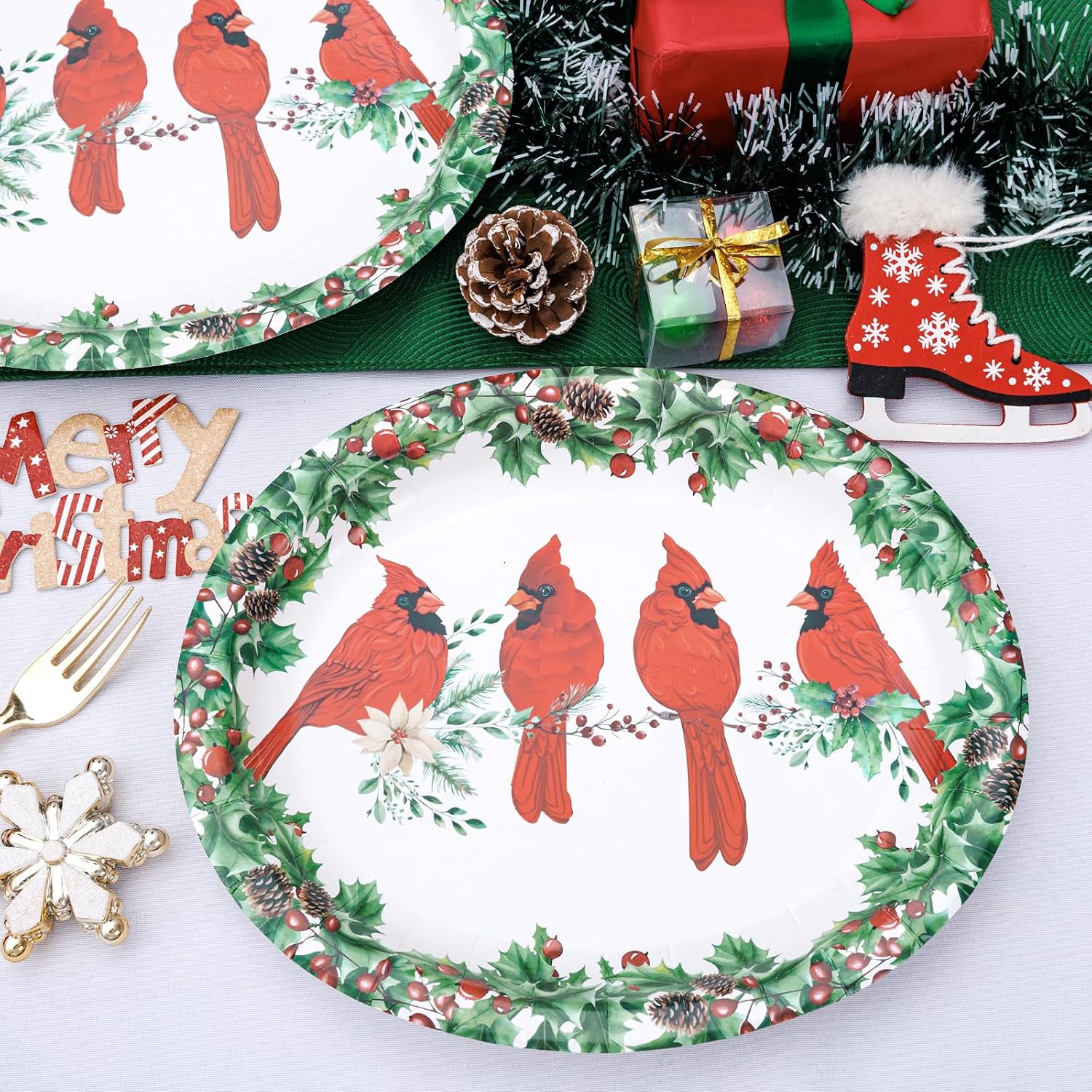 WDF300 Pieces Gold Plastic Silverware - Heavy Duty Disposable Gold Cutlery Set Plastic Gold Silverware Set50Pack Christmas Paper Plates - 10" x 12" Christmas Oval Paper Plates with Cardinal Bird